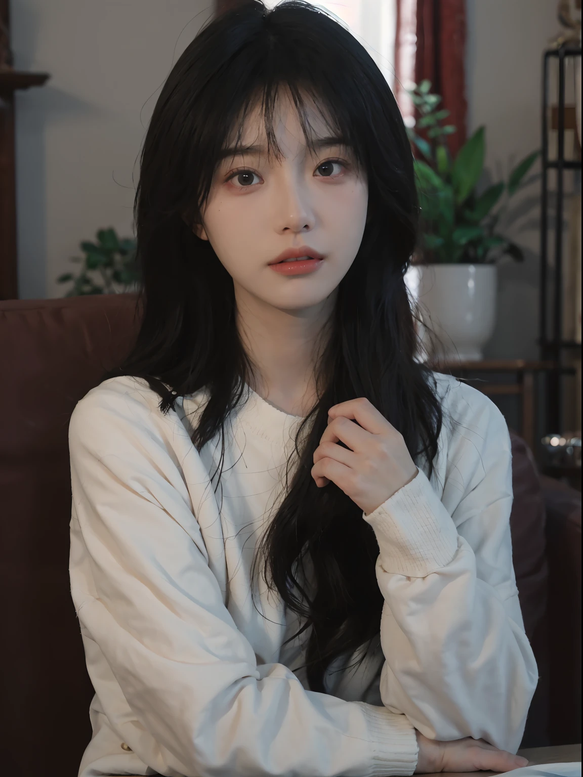 best qualtiy， 超高分辨率， （realisticlying：1.4）， A woman with long black hair and a gray sweater, 中景 the scene is, She has red hair，By bangs, young lovely Korean faces, wan adorable korean face, ulzzangs, Shin Jinying, beautiful aesthetic face, Korean face features, Played by Liu Lee Ji Eun ，Beautiful realistic face