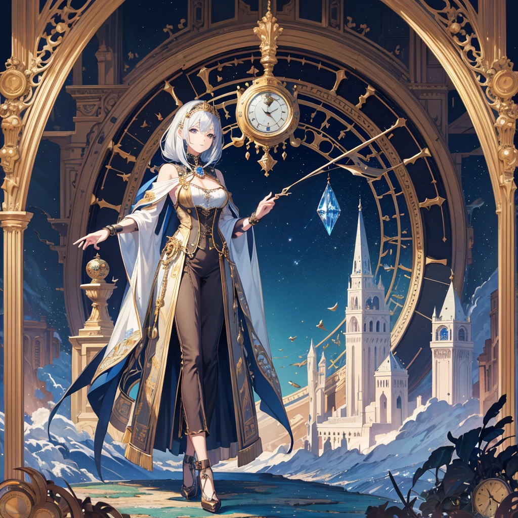 absurdres, best quality, fine detailed, 8k, no humans, Many huge clocks and mechanical gears floating in the blue sky, a huge clock decorated with crystal texture, many tower, multiple spires, gears of various sizes, clock-themed ornament, silver chain, steampunk, ray tracing, refraction, cinematic lighting, fisheye lens, tyndall effect