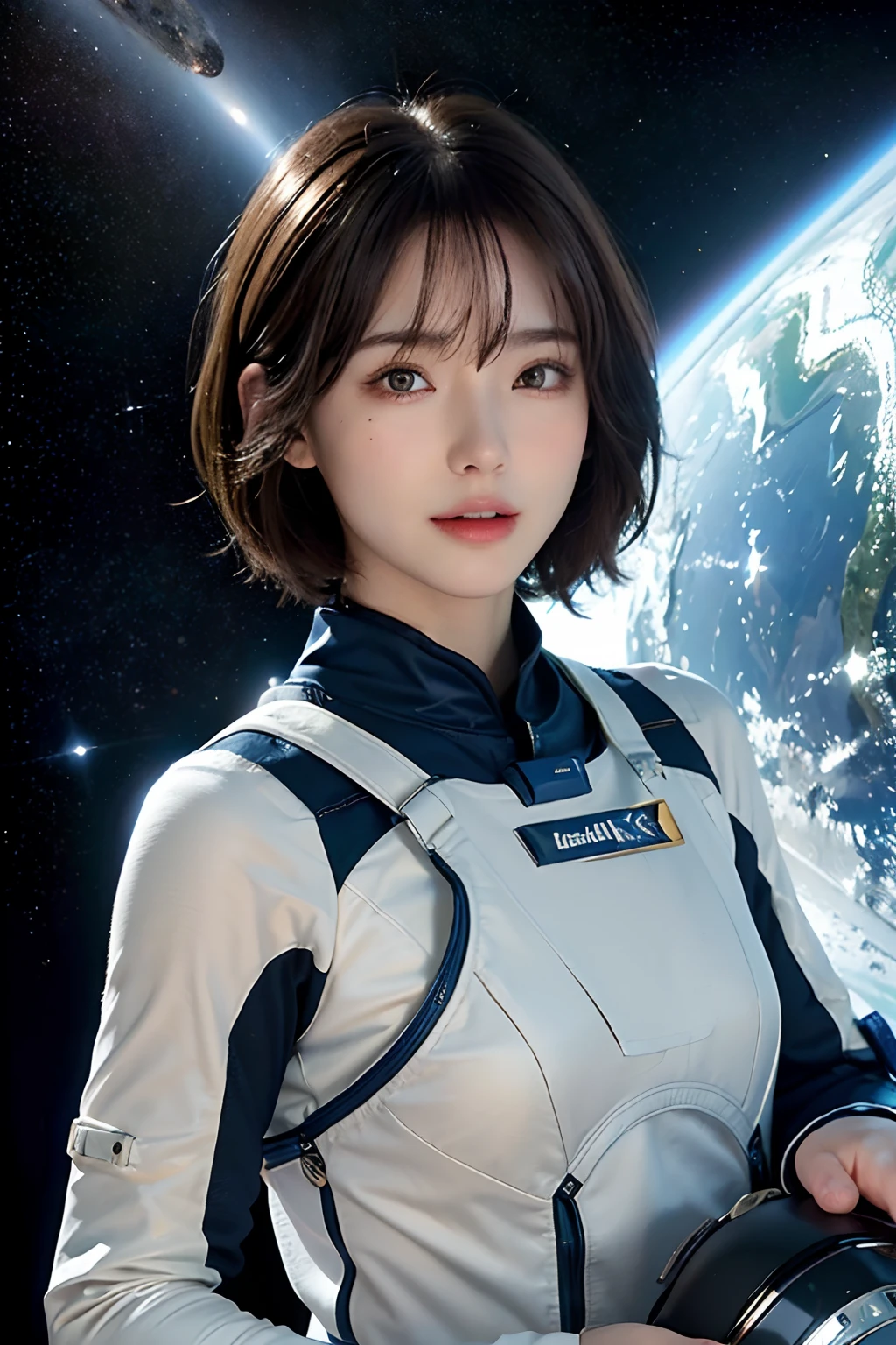 top-quality、​masterpiece、超A high resolution、(realisitic:1.4)、Beautuful Women１、Beautiful detail eyes and skin、ssmile、Light brown short-cut hair、The perfect spacesuit、spaceships、cosmic space、space walk、planetes、