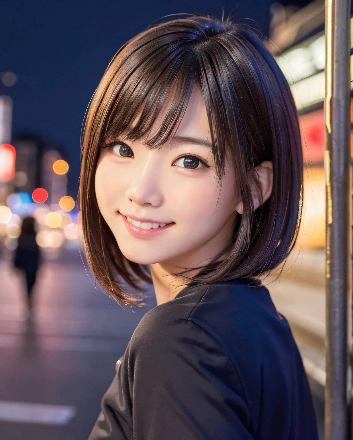 1girl, Tokyo street,night, cityscape,city lights,upper body,close-up,smile,, (8k, RAW photo, best quality, masterpiece:1.2),(realistic, photo-realistic:1.37),
