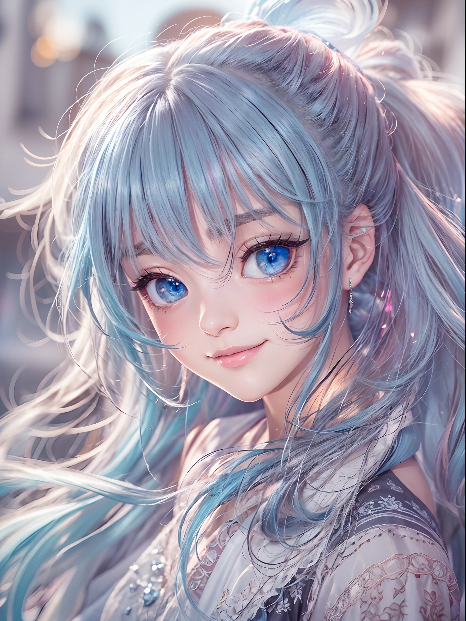 (masterpiece), (best quality), (ultra detailed),(disheveled hair),(illustration), (1girl), standing, smiling, beautiful detailed eyes, light blue eyes, detailed beautiful face, (kamisato ayaka: 1.2), focus on face, ponytail, kamisato ayaka(genshin impact), light blue hair, detailed hair, bangs, best lighting, best shadow, highly detailed, vibrant