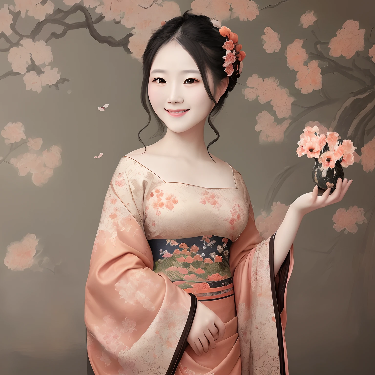 The painting style is classical ink painting,A woman is innocent and lovely,Holding Ejiao,Turning Head,Smile back,The background is a peach orchard