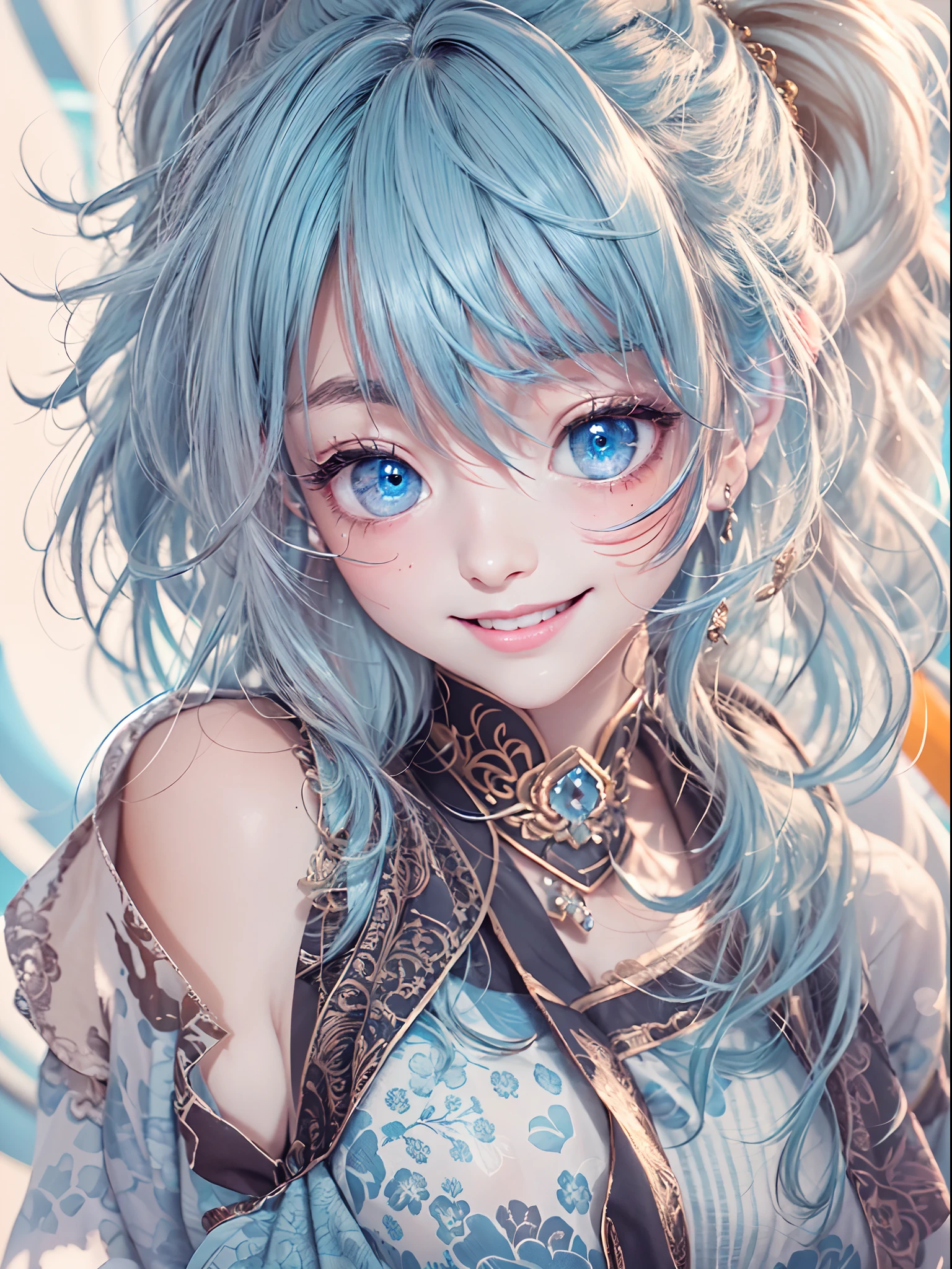 (masterpiece), (best quality), (ultra detailed),(disheveled hair),(illustration), (1girl), standing, smiling, beautiful detailed eyes, light blue eyes, detailed beautiful face, (kamisato ayaka: 1.2), focus on face, ponytail, kamisato ayaka(genshin impact), light blue hair, detailed hair, bangs, best lighting, best shadow, highly detailed, vibrant