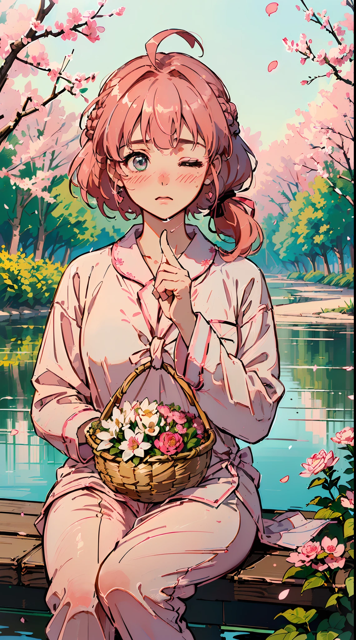 (((((((a large basket of flower,Blushing,one eye closed,cute cheeks,creamy pink hair，pajamas))))))，((1girl,Solo,-aged,ars oazing,Cute Korean mixed-race girl，rosto magro,))(Masterpiece,Best quality, offcial art, Beautiful and aesthetic:1.2),((HD,Golden ratio,)) (16k),((sakura petals,snow pieces)),(Physically-based rendering),((((forest,outdoor,pond scenery, dappled sunlight,at night,)))) (((highdetailskin,)))，((sitting)),((((detailed hairs|middle hair|bun braid|knot top|soaked hair|side ponytail|ahoge)))),Slender,thicc,(masterpiece sidelighting),(The sheen),(Beautiful hair,Beautiful eyes,）[[Delicate fingers and hands:0.55]::0.85],(Detail fingers),(((Superior quality,)))),((unbelievable Ridiculous quality,)),((extremely_Detailed_Eyes_and_face)),Movie girl,(Dynamic configuration: 1.2),Brilliant, (Photorealistic), ((pink ribbon on hair)),Ultra-precise depiction, Ultra-detailed depiction,Bauhaus