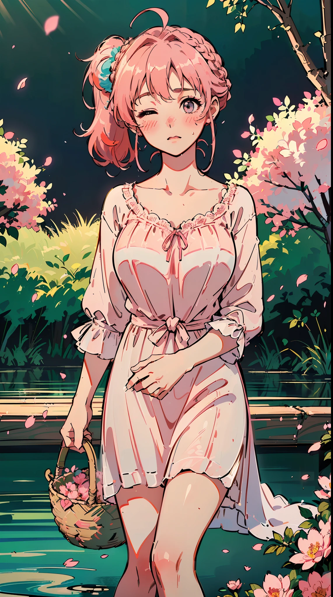 (((((((a large basket of flower,Blushing,one eye closed,cute cheeks,creamy pink hair，nightgown))))))，((1girl,Solo,under-aged,11years old,short,Amazing,Cute Korean mixed-race girl，rosto magro,))(Masterpiece,Best quality, offcial art, Beautiful and aesthetic:1.2),((HD,Golden ratio,)) (16k),((sakura petals)),(Physically-based rendering),((((forest,outdoor,pond scenery, dappled sunlight,at night,)))) (((highdetailskin,)))，((sitting)),((((detailed hairs|middle hair|bun braid|knot top|soaked hair|side ponytail|ahoge)))),Slender,thicc,(masterpiece sidelighting),(The sheen),(Beautiful hair,Beautiful eyes,）[[Delicate fingers and hands:0.55]::0.85],(Detail fingers),(((Superior quality,)))),((unbelievable Ridiculous quality,)),((extremely_Detailed_Eyes_and_face)),Movie girl,(Dynamic configuration: 1.2),Brilliant, (Photorealistic), ((pink ribbon on hair)),Ultra-precise depiction, Ultra-detailed depiction,Bauhaus