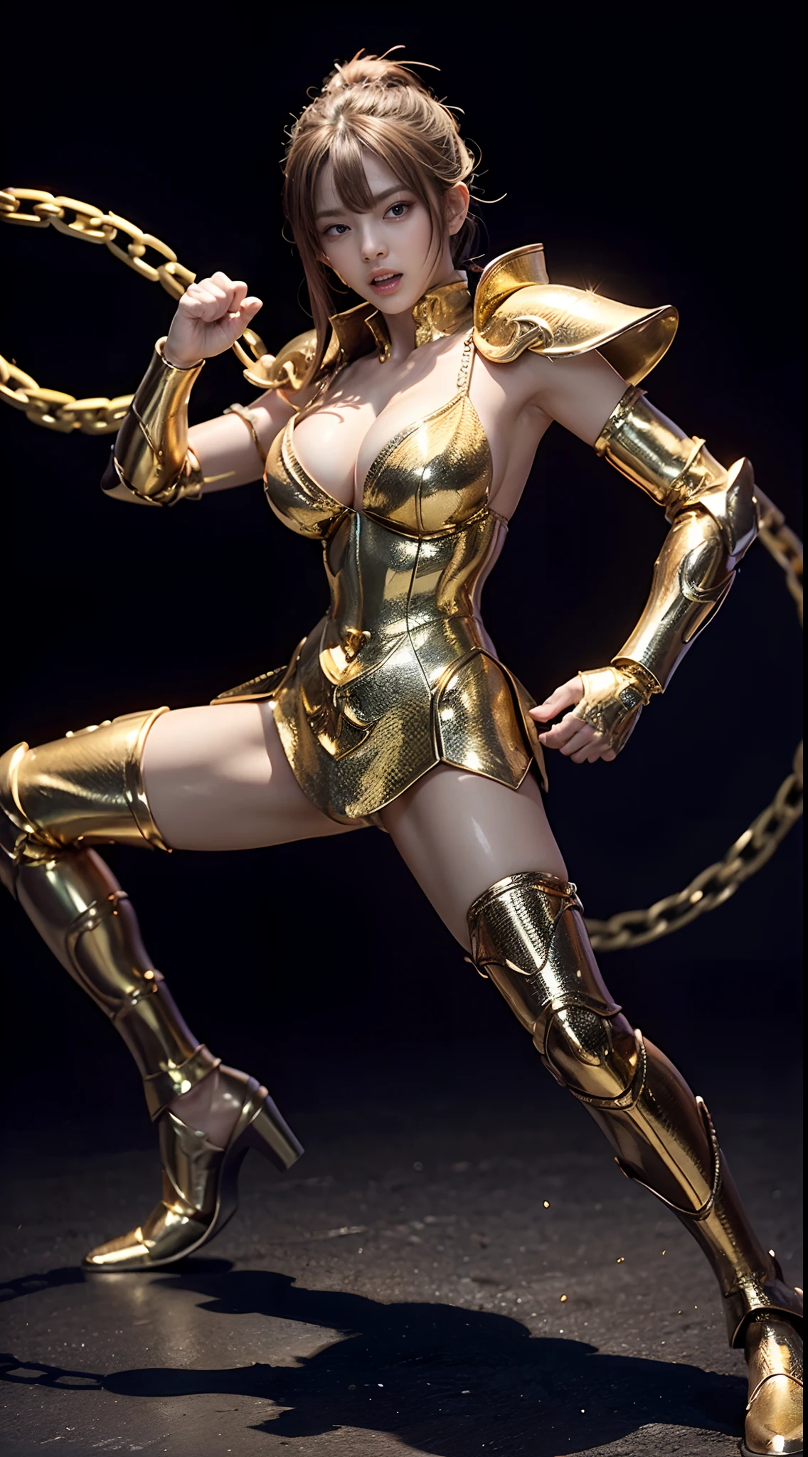 In the martial arts arena of the Colosseum in Greece、Martial Arts Tournaments、Saint Seiya、Beautiful One Girl、huge-breasted、cleavage of the breast、beauty legs、(((He wears a glittering futuristic combat armor in metallic red)))、Shining silver chains are connected from all sides、Unbelievable number of glittering chains、Armed with chains、((Scream))、((exclamation))、((fighting poses))、8k, top-quality, (pubic hair beauty)、hight resolution, 逼真, realperson,
