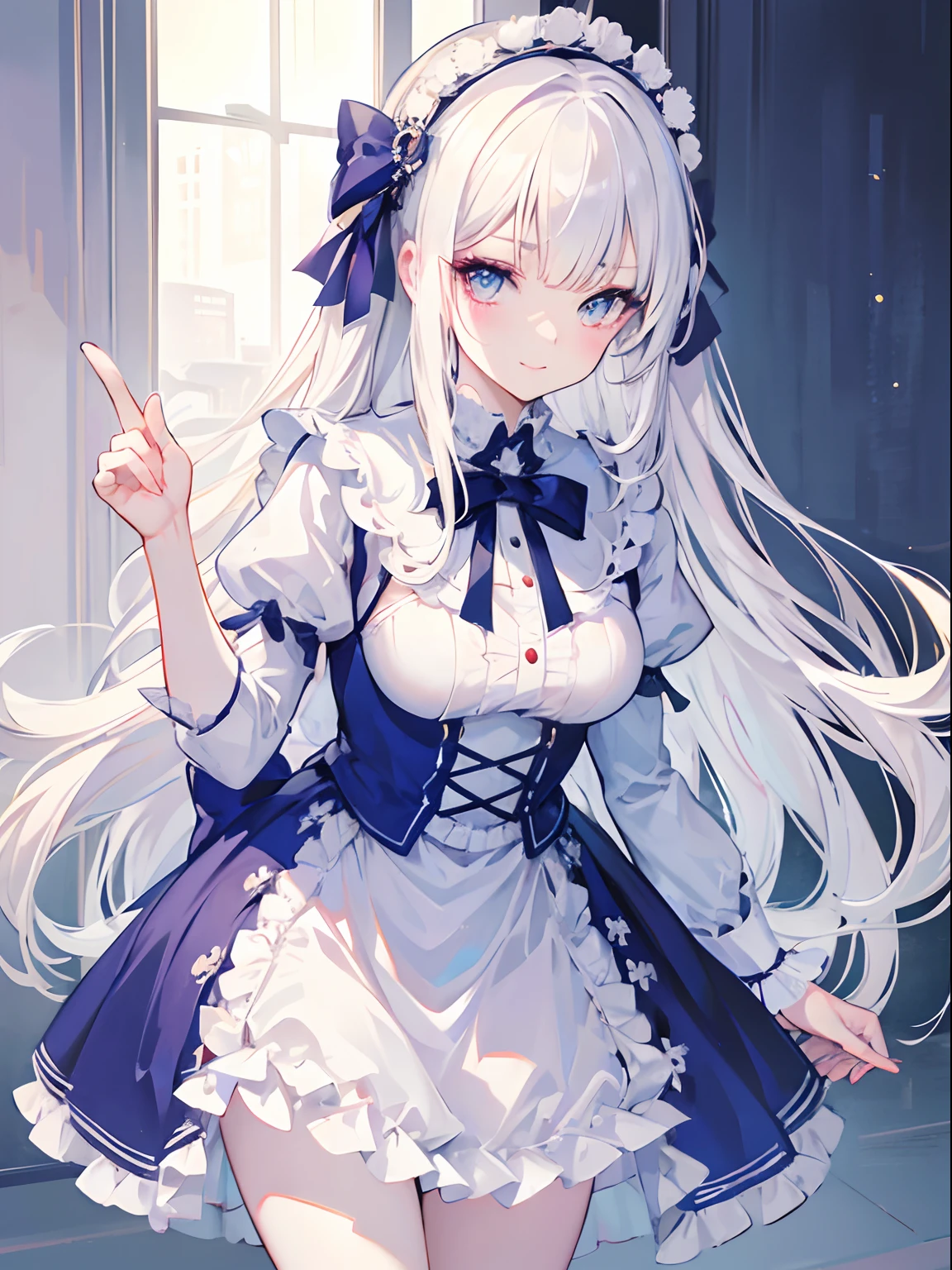 (8k, highest quality, masterpiece:1.2),(Blue colored eyes),((Garment Details)),High quality CG Unity 8k, concentrated, Realistic, Shadow, Soft lighting, Cowboy Shot, Gray Hair, Flutter Hair, nice, A gentle smile, village girl, High Waist Skirt, White Skirt, Long sleeve, ribbon, White Dress, gloves, Choker Noble Necklace, (Sexual pleasure expression:1.4), (Semen overflow:1.5),whole body