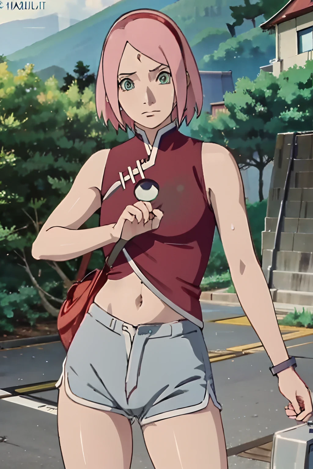 masterpiece, best quality, 1girl,beidoudef, moist skin, detail skin, dolphin shorts, red top, navel, Cat T Shirt, sleeveless, ghibli style, outdoors, leaf village, naruto world, cameltoe, sweat, cowboy shot, haruno sakura