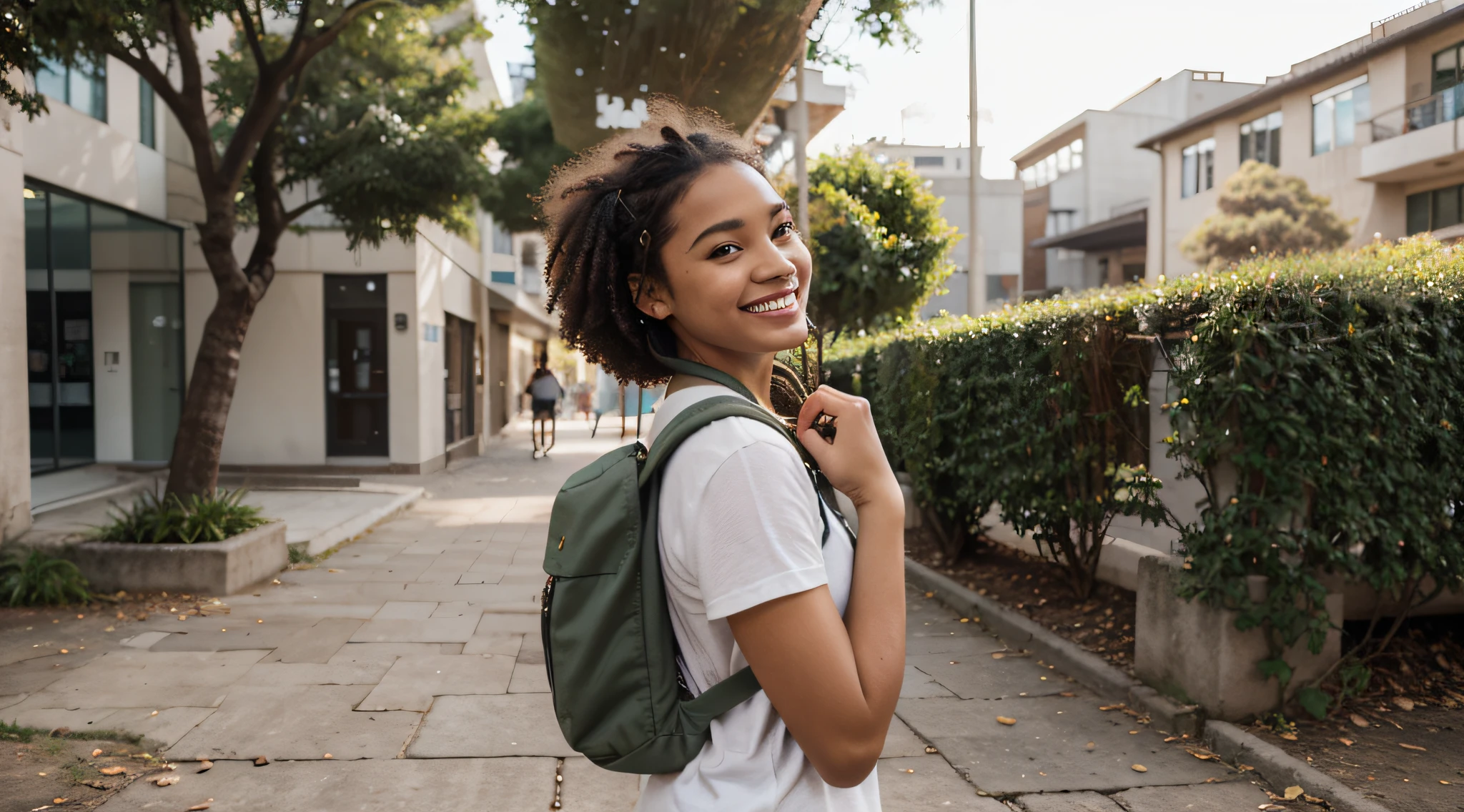 Generate an image of a Brazilian student happily strolling through a busy university campus. she is tall and slender, com um penteado afro marcante que exala um senso de individualidade. Her captivating light brown eyes sparkle with determination and curiosity.
She's dressed in a loose, blusa verde, uma cor que complementa seu sorriso radiante. She wears a practical student backpack on her back, symbolizing your academic dedication. Enquanto ela caminha, She carries a stack of graphite-covered books in one hand, showcasing your passion for literature, And she holds a modern set of wireless earbuds around her neck.
This distinguished student embodies the spirit of a cheerful, Estudante apaixonada por livros com seu penteado afro, as you confidently navigate the lively atmosphere of the university campus.
