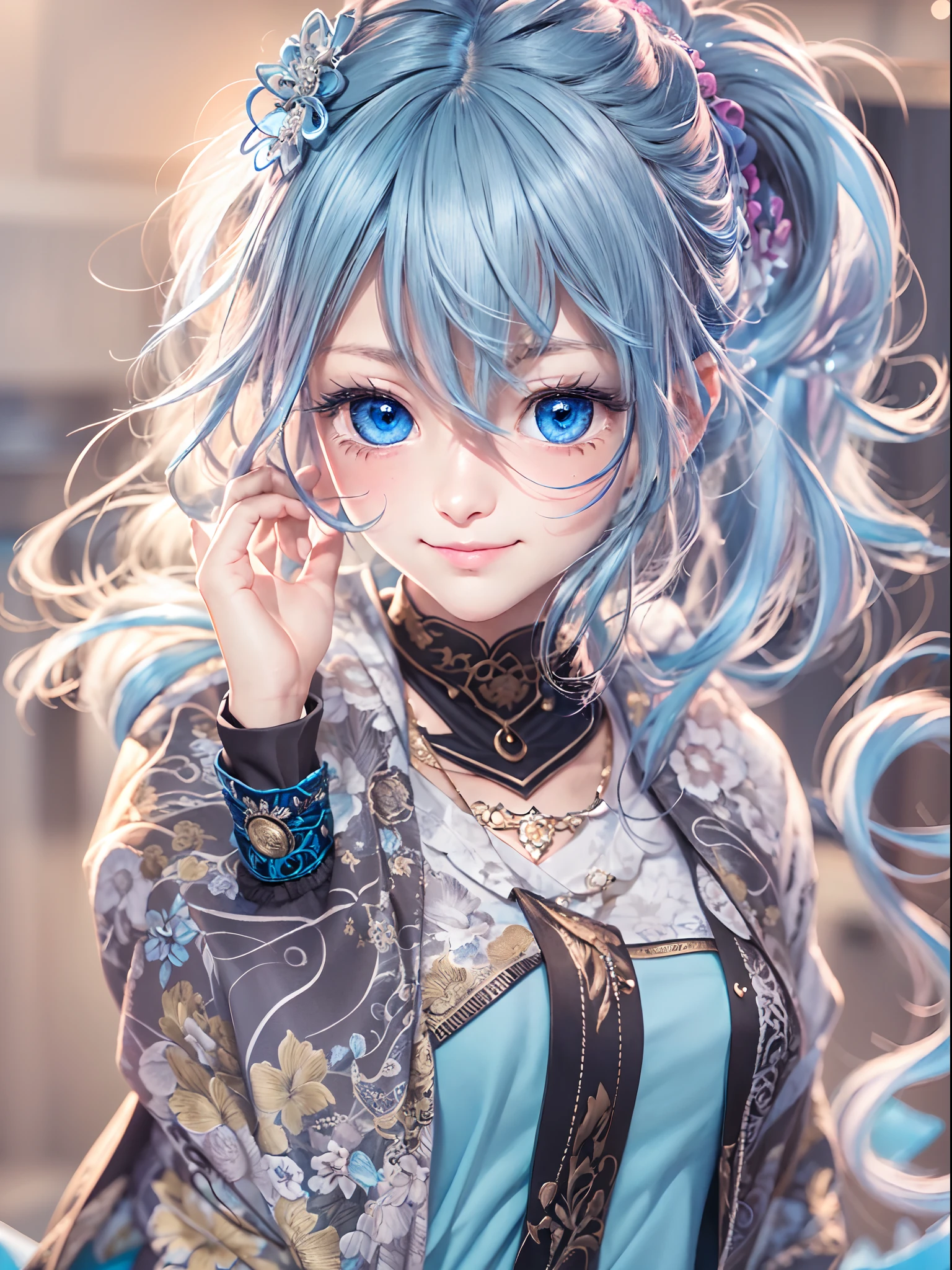 (masterpiece), (best quality), (ultra detailed),(disheveled hair),(illustration), (1girl), standing, smiling, beautiful detailed eyes, light blue eyes, detailed beautiful face, (kamisato ayaka: 1.2), focus on face,  ponytail, kamisato ayaka(genshin impact), light blue hair, detailed hair, bangs, best lighting, best shadow, highly detailed, vibrant
