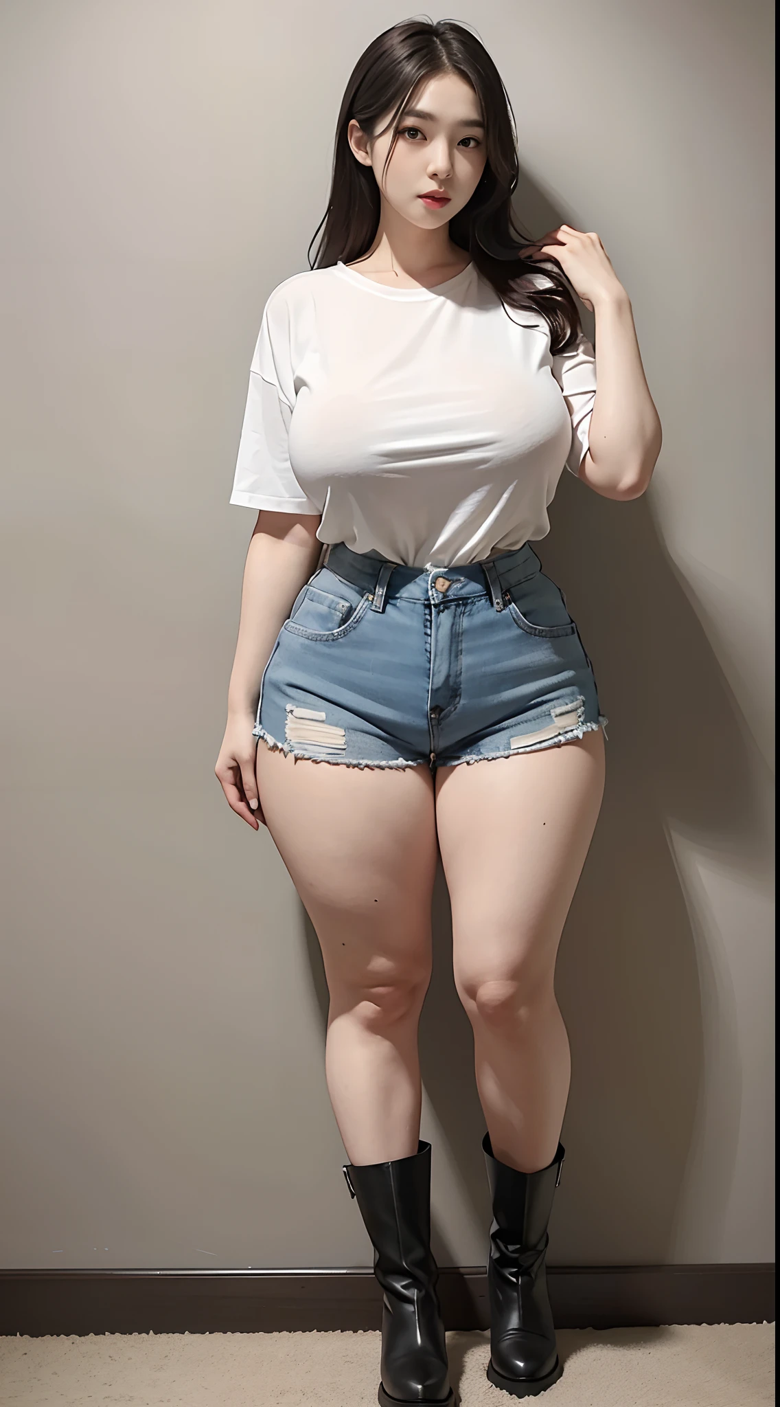 realisticlying, A high resolution, full body shot shot,1 Extremely tall, strong, plump, sexy girl, Extra-large thick breasts,Lower breast,Extra-thick big breasts,Long slender waist,Extremely exaggerated huge fat buttocks,Big thick ass,Super long big thick legs,Thick thick legs,Extremely strong leg muscles,White wavy hair, korean people, heterochromatic eyes, small mole under eyes, Loose white shirt, tight denim shorts,Black booties, Super big breasts, large thick legs, panties are visible,full body shot shot。
