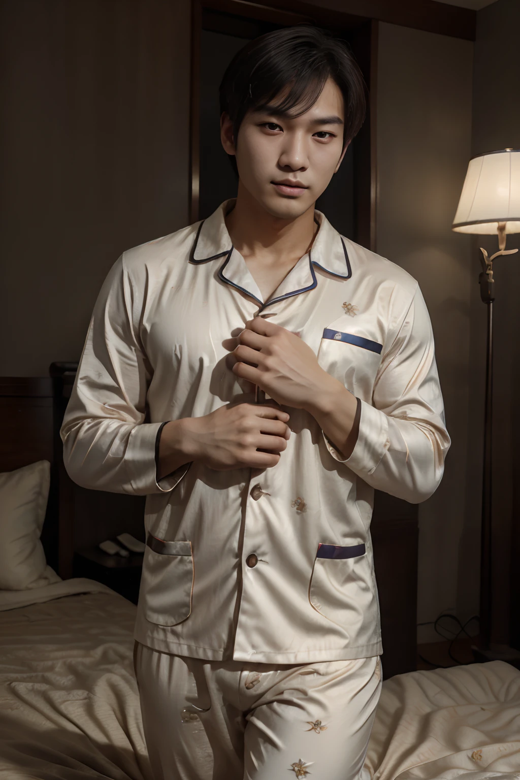 good hand,4k, high-res, masterpiece, best quality, head:1.3, (Korean male idol), finely detailed skin, sharp focus, (cinematic lighting), soft lighting, dynamic angle, [:(detailed face:1.2):0.3], A young South Korean man in cozy pajamas, as he unwinds and prepares for bed.
