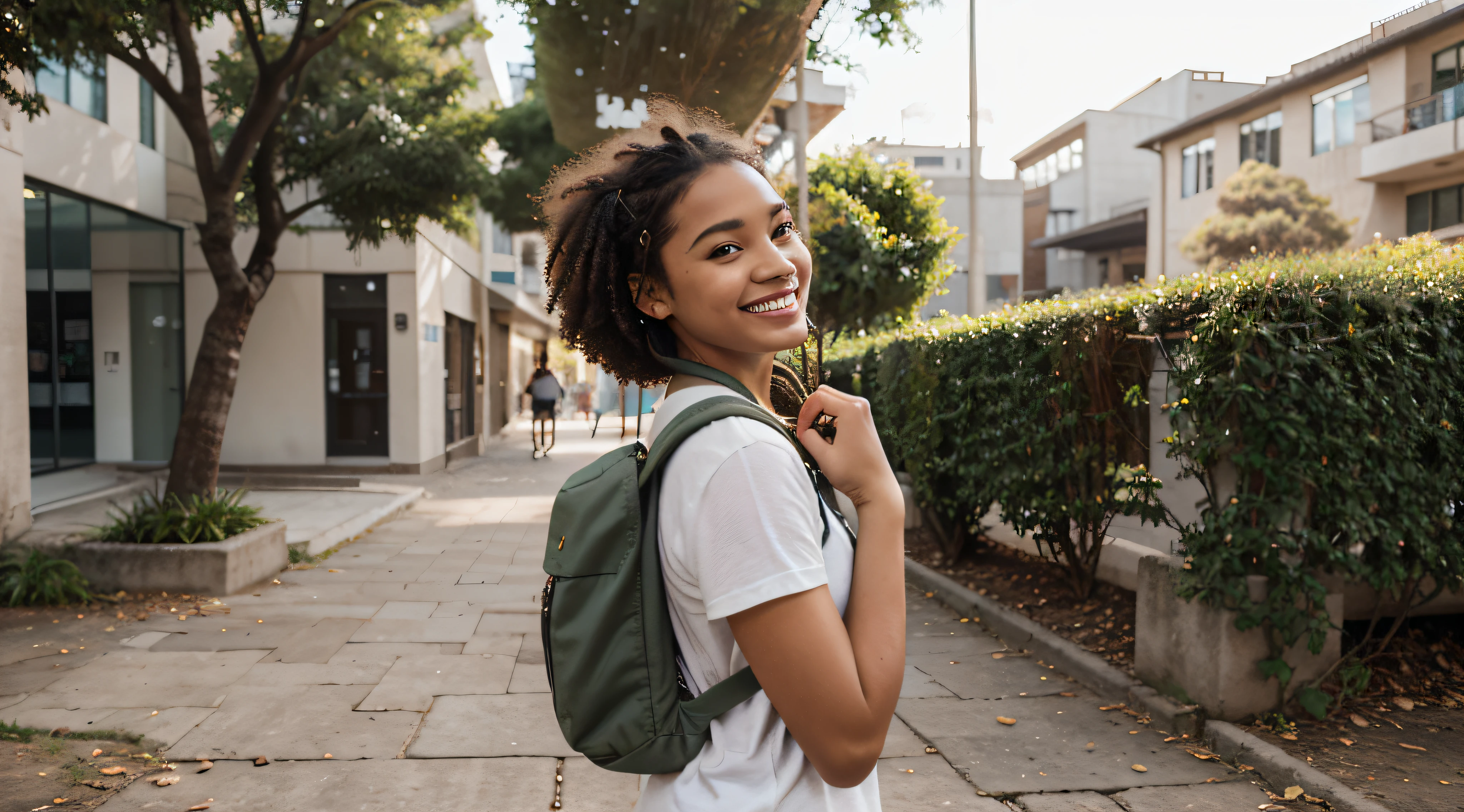Generate an image of a Brazilian student happily strolling through a busy university campus. she is tall and slender, com um penteado afro marcante que exala um senso de individualidade. Her captivating light brown eyes sparkle with determination and curiosity.

She's dressed in a loose, blusa verde, uma cor que complementa seu sorriso radiante. She wears a practical student backpack on her back, symbolizing your academic dedication. Enquanto ela caminha, She carries a stack of graphite-covered books in one hand, showcasing your passion for literature, And she holds a modern set of wireless earbuds around her neck.

This distinguished student embodies the spirit of a cheerful, Estudante apaixonada por livros com seu penteado afro, as you confidently navigate the lively atmosphere of the university campus.