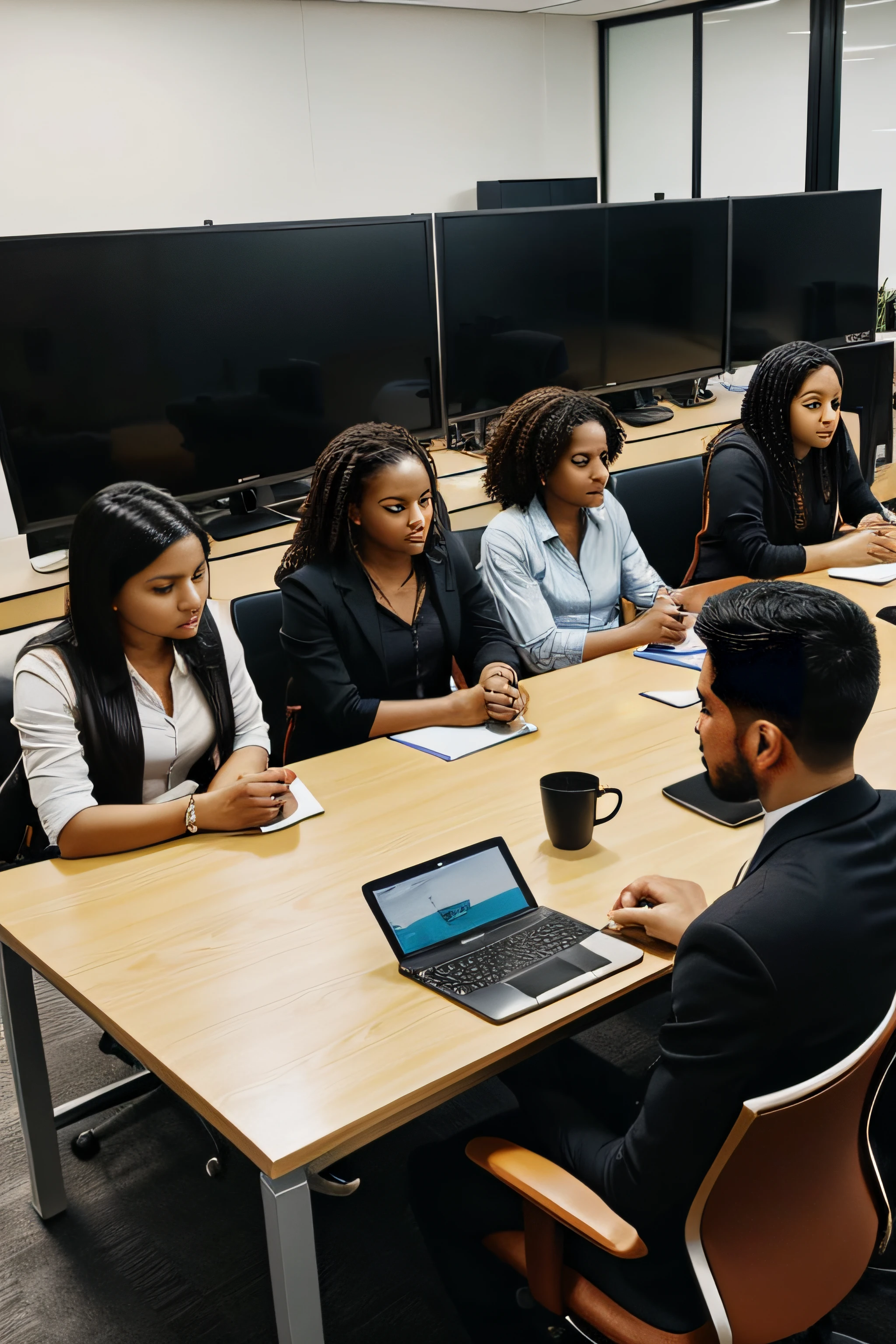 A serious image. People in the office sitting around a rectangle table. Various ethnicities at the table, but everyone looked the same. Same clothes, same hair, everything the same