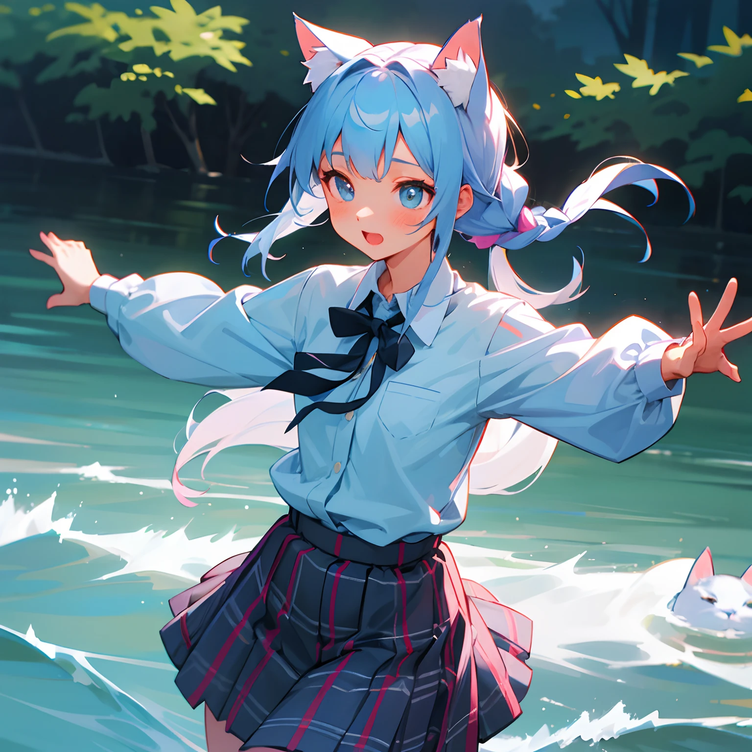 Light blue long-haired。Cat's ears。braid ponytail。Uniform summer clothes。Roll up your arms with a shirt with long sleeves。Plaid ribbon。Plaid skirt。Playing in the river。