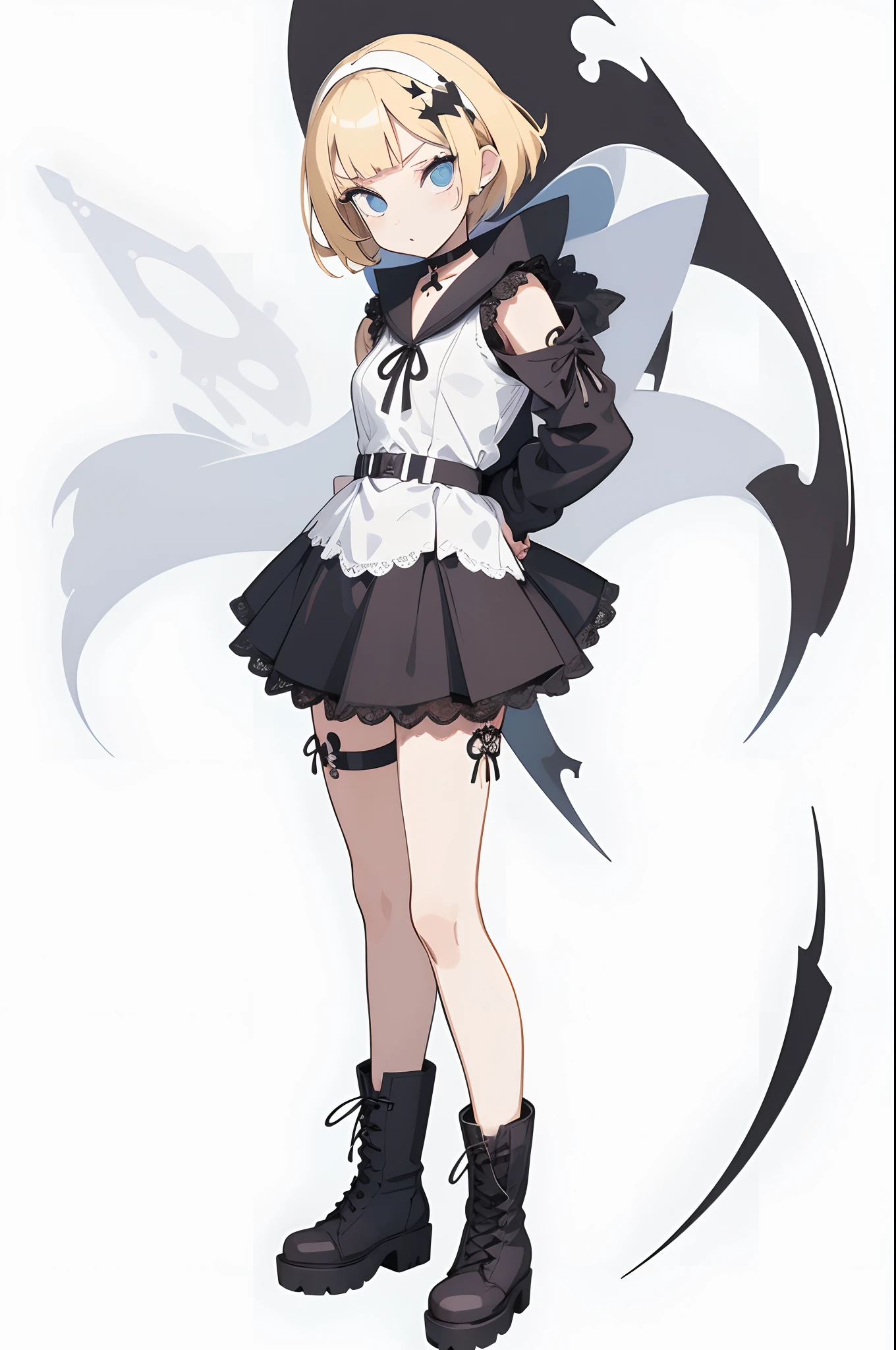 flat design, material design, deformed pop art, Adobe Illustrator, anime character, one girl, full shot, gothic sailor suit, (asymmetric skirt:1.3), blonde hair, bobbed hair, asymmetric bangs, black rosary, (white lace-up boots:1.3).