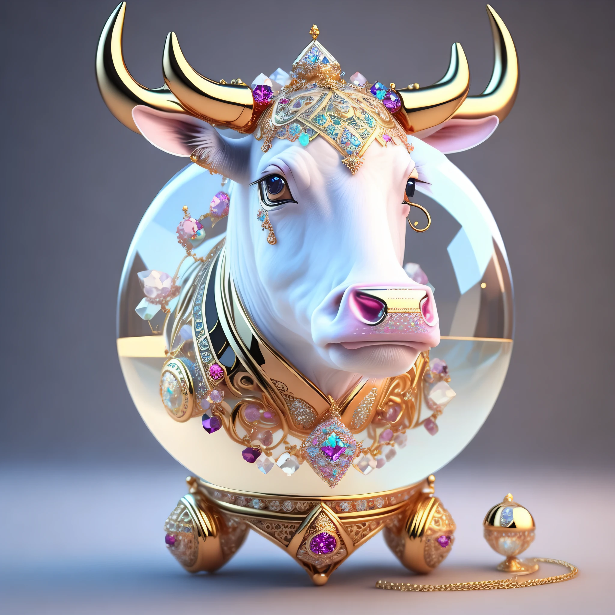 A cute crystal ball zodiac cow embellished with various jewelry ornaments and a low-poly design for the eyes, is a highly detailed and complex conceptual art craft using Artstation 8k quality.