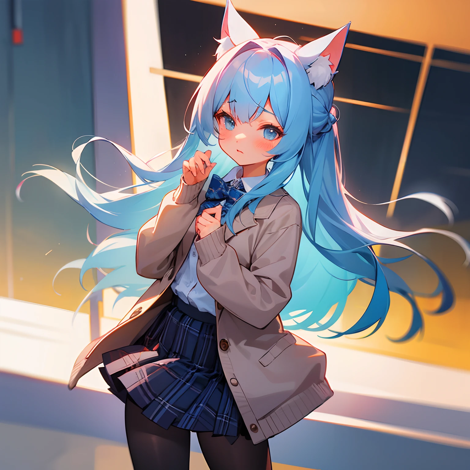 Light blue long-haired。Cat's ears。The hairstyle is 2 buns。The expression is deredere。校服。Plaid blazer。shirt。cardigan。Hide your hands in the sleeves of the cardigan。Plaid skirt。tights。is standing