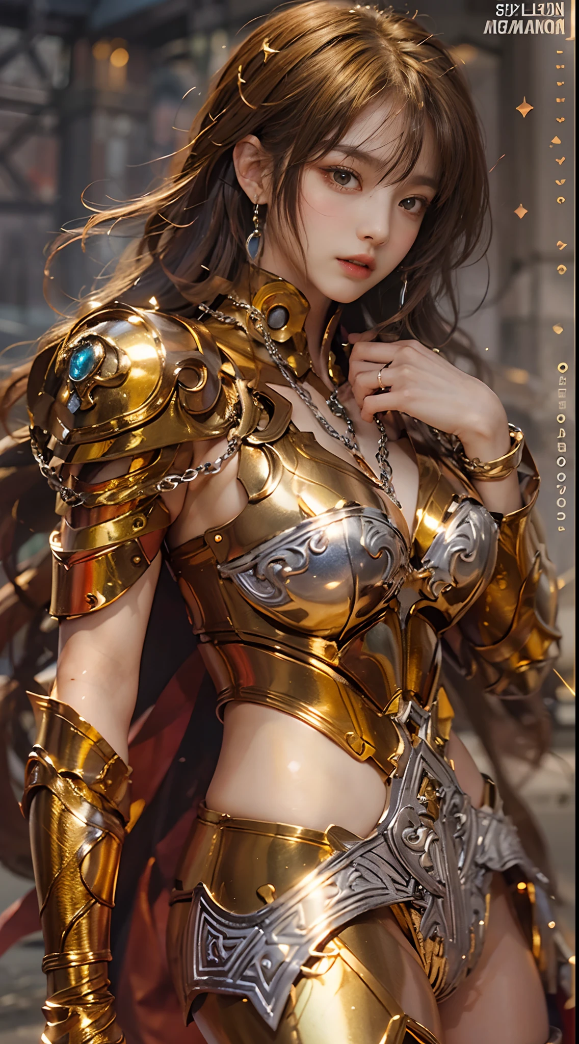 In the martial arts arena of the Colosseum in Greece、Martial Arts Tournaments、Saint Seiya、Beautiful One Girl、huge-breasted、cleavage of the breast、beauty legs、(((He wears a glittering futuristic combat armor in metallic red)))、Shining silver chains are connected from all sides、Unbelievable number of glittering chains、Armed with chains、((Scream))、((exclamation))、((fighting poses))、8k, top-quality, （pubic hair beauty）、hight resolution, 逼真, realperson,