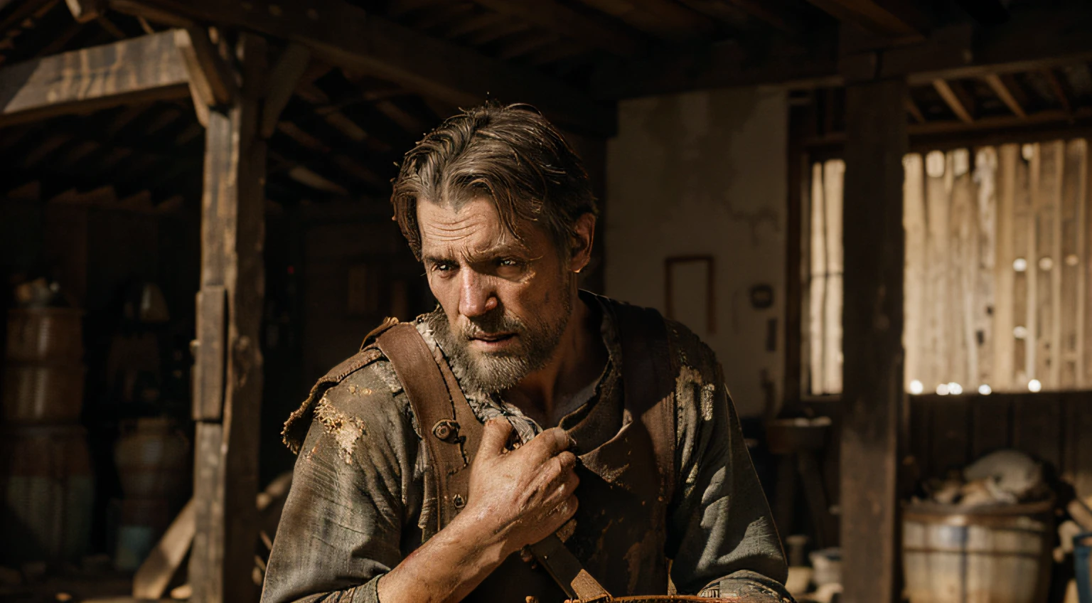 an image of a man in the middle ages, running scared, holding a wooden bucket in his hands, RAW photo,  in dirty, tattered clothes, leathery, rough skin, eyes that have seen too much,  intense color, (highly detailed skin: 1.2), 8k uhd, dslr, soft lighting, high quality, film grain, Fujifilm XT3