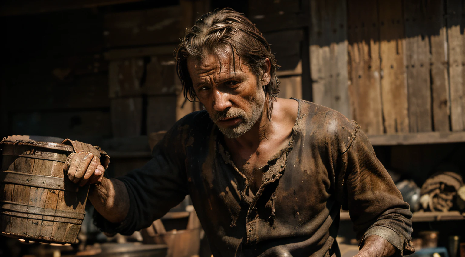 an image of a man in the middle ages, running scared, holding a wooden bucket in his hands, RAW photo, in dirty, tattered clothes, leathery, rough skin, eyes that have seen too much, intense color, (highly detailed skin: 1.2), 8k uhd, dslr, soft lighting, high quality, film grain, Fujifilm XT3
