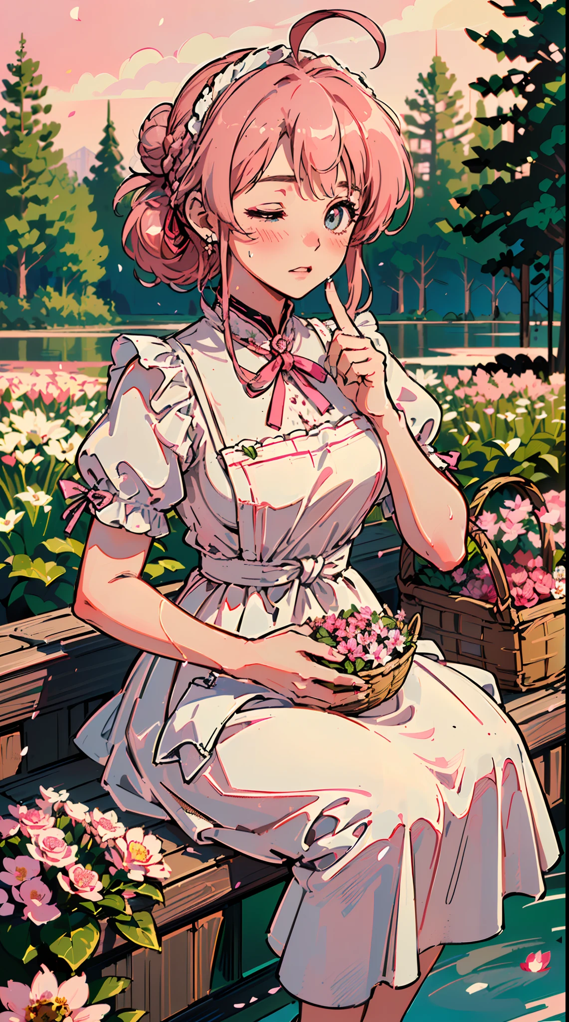 (((((((a large basket of flower,Blushing,one eye closed,cute cheeks,creamy pink hair，gothic maid apron with flower))))))，((1girl,Solo,-aged,ars ohort,Amazing,Cute Korean mixed-race girl，rosto magro,))(Masterpiece,Best quality, offcial art, Beautiful and aesthetic:1.2),((HD,Golden ratio,)) (16k),((sakura petals,snow pieces)),(Physically-based rendering),((((forest,outdoor,pond scenery, dappled sunlight,at night,)))) (((highdetailskin,)))，((sitting)),((((detailed hairs|middle hair|bun braid|knot top|soaked hair|side ponytail|ahoge)))),Slender,thicc,(masterpiece sidelighting),(The sheen),(Beautiful hair,Beautiful eyes,）[[Delicate fingers and hands:0.55]::0.85],(Detail fingers),(((Superior quality,)))),((unbelievable Ridiculous quality,)),((extremely_Detailed_Eyes_and_face)),Movie girl,(Dynamic configuration: 1.2),Brilliant, (Photorealistic), ((pink ribbon on hair)),Ultra-precise depiction, Ultra-detailed depiction,Bauhaus