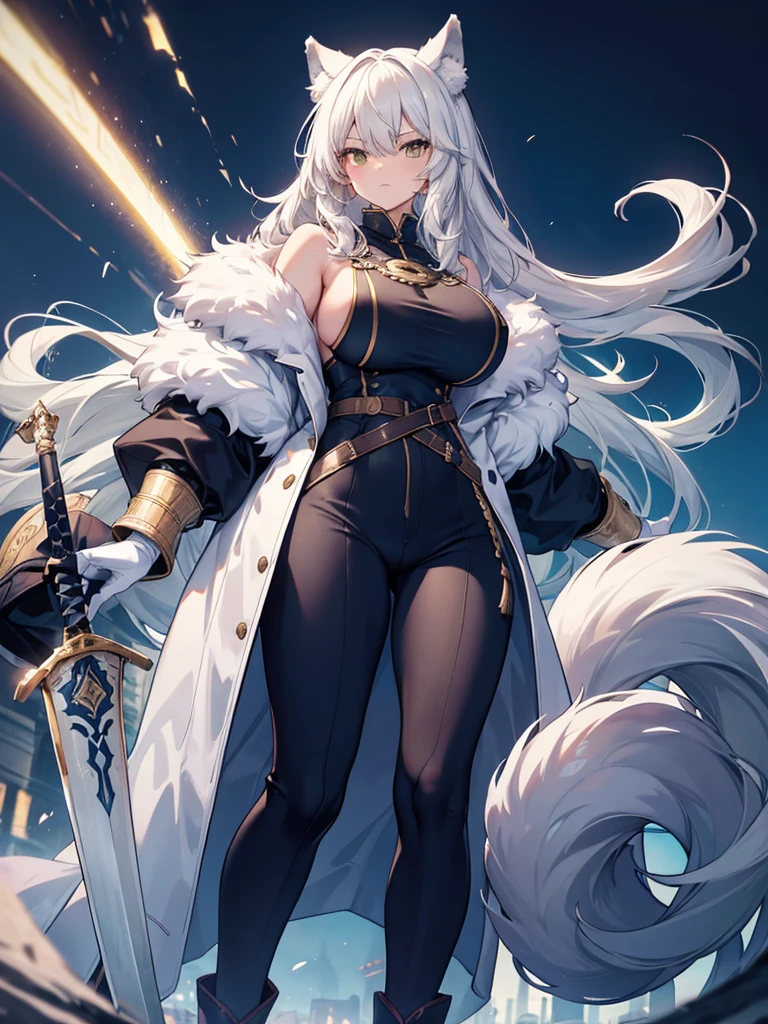 de pele branca, Massive, muscular girl, Kaiju, aggressive, Proud,long, wavy white hair,Long dark blue coat,very very gigantic boobs,muffler,Wolf Girl,Golden decoration,big tail,trouser,Big animal ears,huge sword,long boots,Warm clothing,Clothes that are large in size,No skin exposure,Fluffy,blue archive
