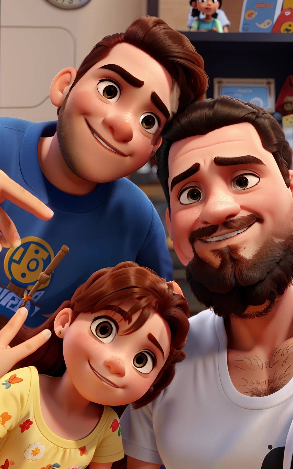 Filha de 5 anos ruiva cabelo crespo, pai com 35 com barba preta, menino de 10 anos com cabelo castanho, capa de filme Disney Pixar, boa qualidade, melhor qualidade!