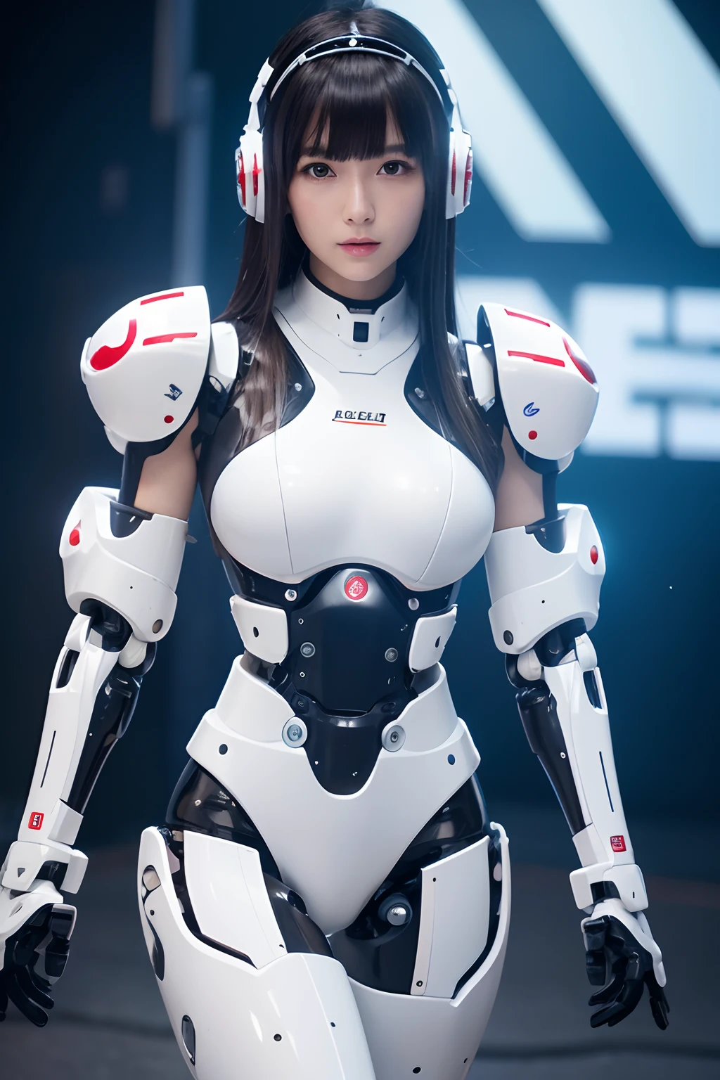 masterpiece, Highest quality, Very detailed, (8k, 4K, Highest quality, High resolution, 超High resolution:1.1), (Tabletop, Realistic, Photorealistic:1.1)Japanese anDroid woman,Plump ,Control panel,Activation,Squat,anDroid,Droid,Mechanical Hand,Robotic arms and legs, Black Robot Parts,Black Hair,Dark black knee-high socks,Black sponge joint,Blunt bangs,White robot body,Ceramic body,Jockey Boots,Perfect Cyborg Girl,Standing with legs apart,Are fat,