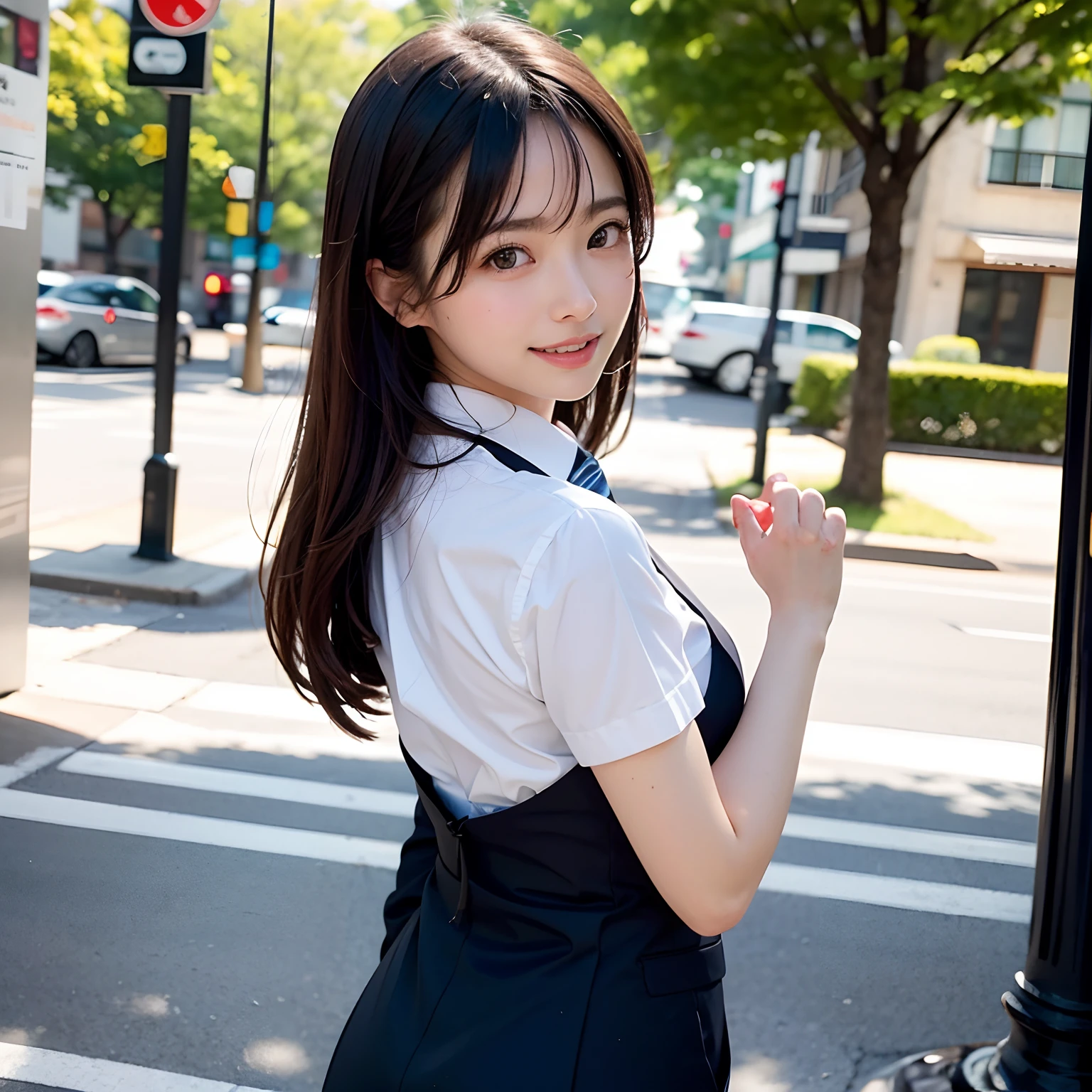 (masutepiece, Best Quality:1.2), 8K, Official art, Full body photo, full body Esbian、Emma fastening her tie.trouser、Cute smile、cute butt、Keep your bag cold、A dark-haired、14years、small tits、A delightful、A smile、unbelievable Ridiculous, (Upper body, Dark blue suit:Cute Tie 1.4), Beautiful Girl, Pretty Face, arching back down, cute butt、Gold hair ornament on hair、Wearing a cute suit、Decide on a pose、raise two hands、close up, Wearing a suit, Short sleeve, gardenia, violaceaess, Teen, Street, Looking at Viewer, Film grain, chromatic abberation, Sharp Focus, face lights, Dynamic lighting, Cinematic lighting, Eyes and faces with detailed, Bokeh background, (Tie with Emma written on it、1 copy:1.2)