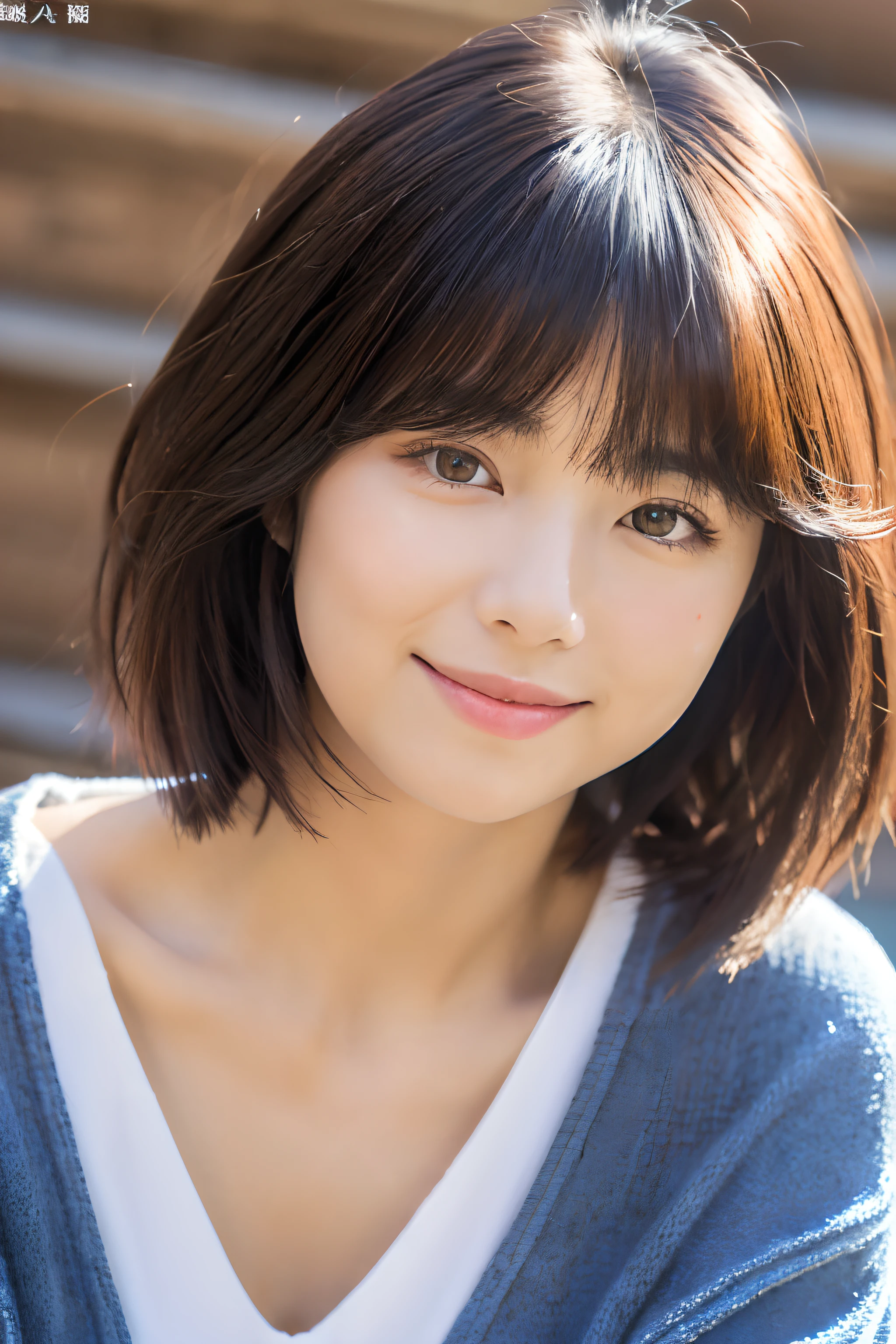 (top-quality、8K、32K、masterpiece、nffsw:1.2)、Photo of a cute Japanese woman、Wolf cut hair、only face,sface focus、plunging swimwear、simple background、From above、looking at the viewers、