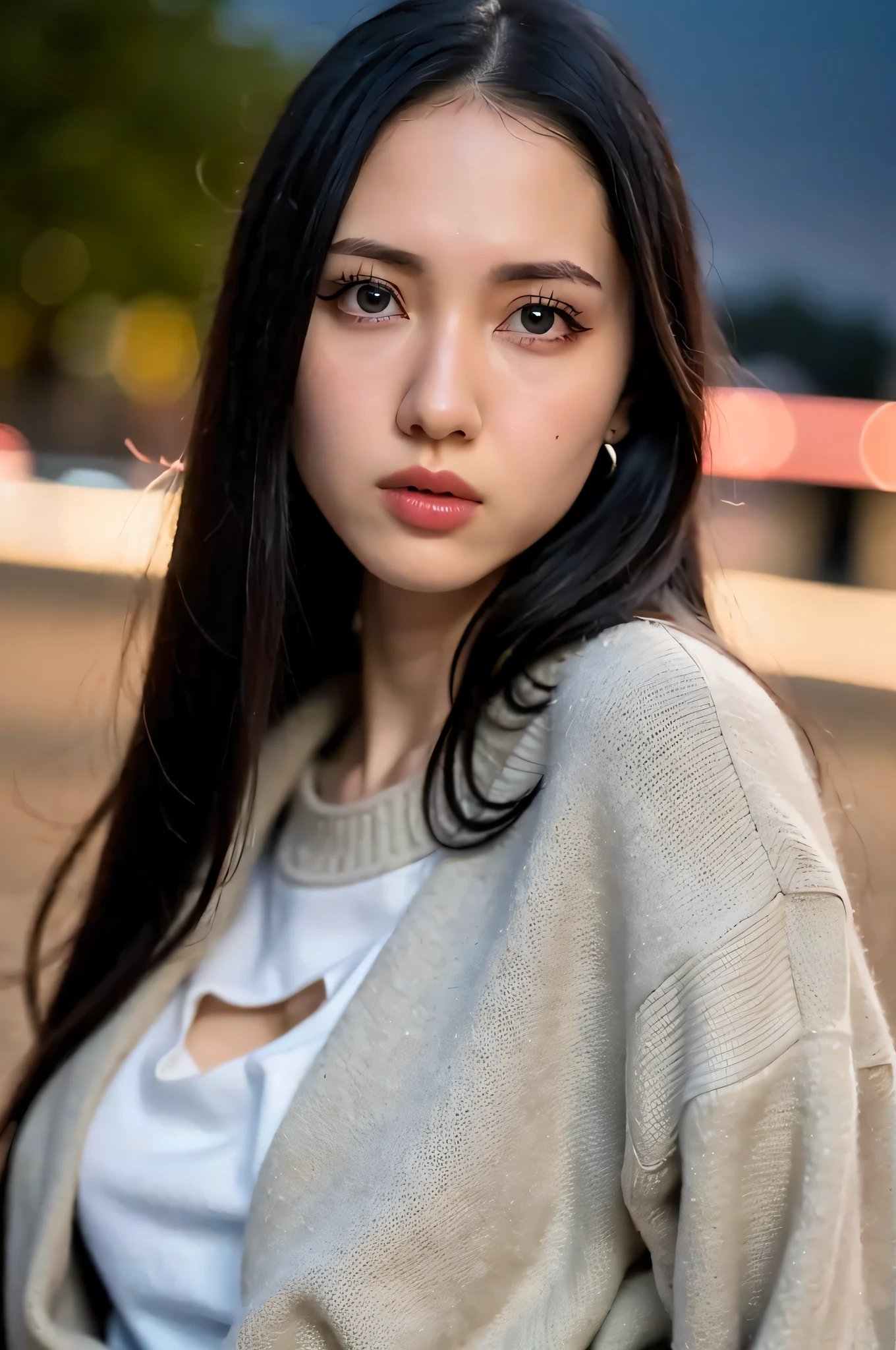1girl,(wearing sweater and long jacket:1.2),(RAW photo, best quality), (realistic, photo-realistic:1.4), masterpiece, an extremely delicate and beautiful, extremely detailed, 2k wallpaper, Amazing, finely detail, extremely detailed CG unity 8k wallpaper, ultra-detailed, highres, soft light, beautiful detailed girl, extremely detailed eyes and face, beautiful detailed nose, beautiful detailed eyes,cinematic lighting,at a park,city lights at night,perfect anatomy,slender body,