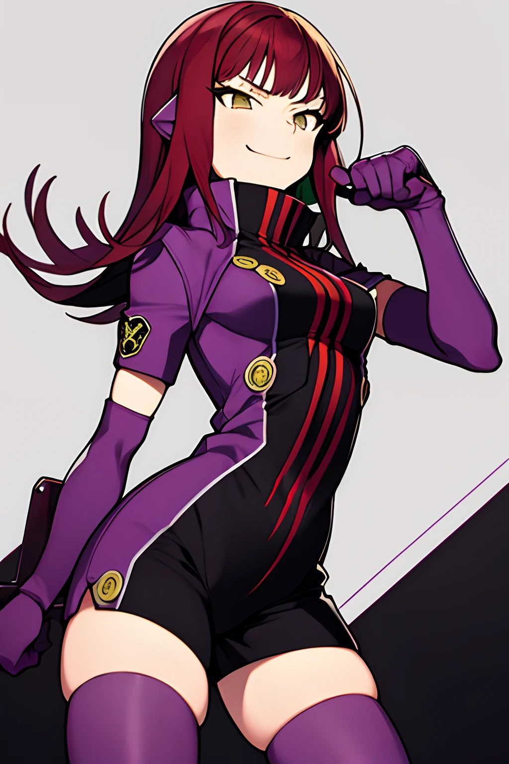 masutepiece, Best Quality, absurderes, Perfect Anatomy, 1girl in, Solo, Yoko Katori, Long hair, purple thighhighs, elbow groves, Purple gloves, Black shorts, uniform, thigh holster, opening legs, Smile,