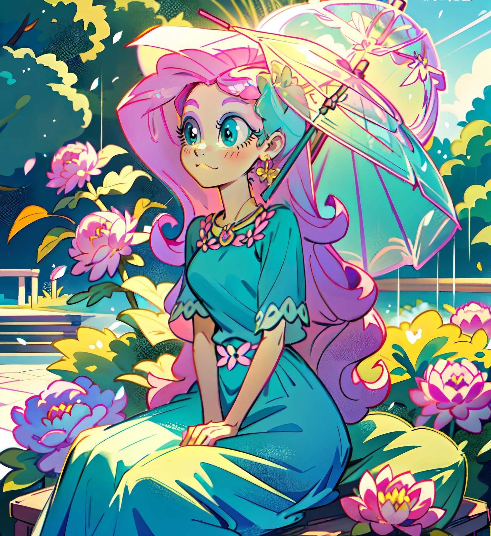 Fluttershy, fluttershy from my little pony, fluttershy in the form of a girl, lush breast, pink long wavy hair, soft smile, flowers, butterflies, (top quality, masterpiece, ultra-realistic), rainy day, raining, indoor in a green botanical garden, dome, lots of flowers, dense mass plants, the background landscape is a garden with petals, Dahlia peony flowers everywhere, turquoise eyes, turquoise eyeshadow, green dress, butterfly hair clip, detailed lighting, sunlight, yellow pure light, sitting, heavenly plants, hanging flower pots, pink and green flowers everywhere, flower crown, green glass dome, extremely long hair, (light yellow skin 1.5), yellow pony ears, golden lighting