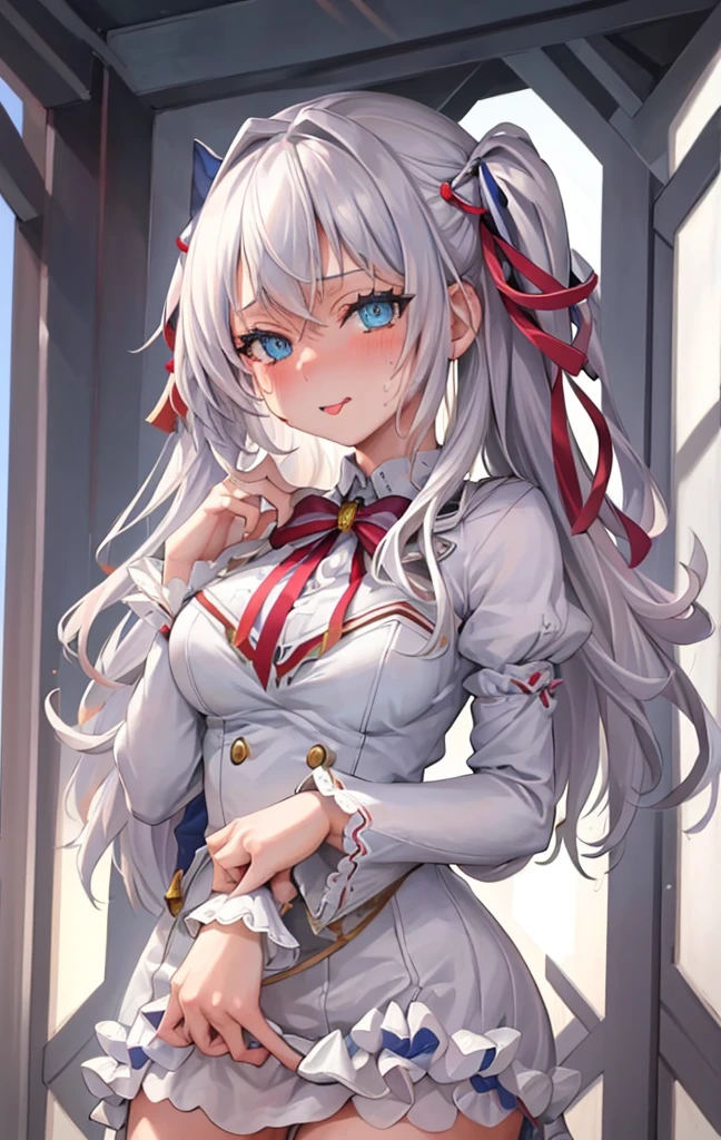 masterpiece, highres, highest quallity, illustration, cinematic light, ultra detailed, detailed face, (((detailed eyes))), best quality, hyper detailed, masterpiece, (detailed face), Alisa Kujou, 1girl, long hair, blue eyes, , ribbon, hair ribbon, (white hair), solo focus, look at viewer, ((breasts out)),naked, highres, best quality, 8k,extremely detailed face, perfect lighting, naked, nsfw, vaginal, sex, (cowgirl position:1.1), breasts out, ahegao, blush, sweat, , juice, tongue out,