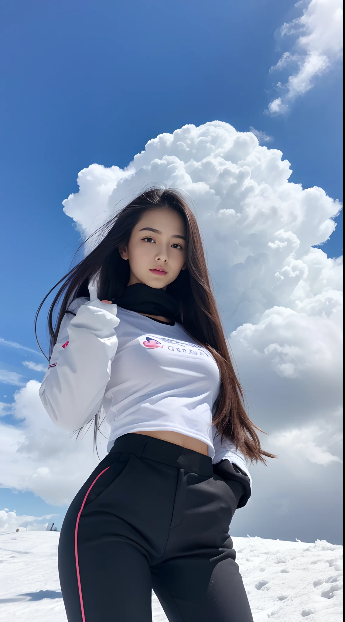A woman in black pants and a white shirt posing for a picture - SeaArt AI