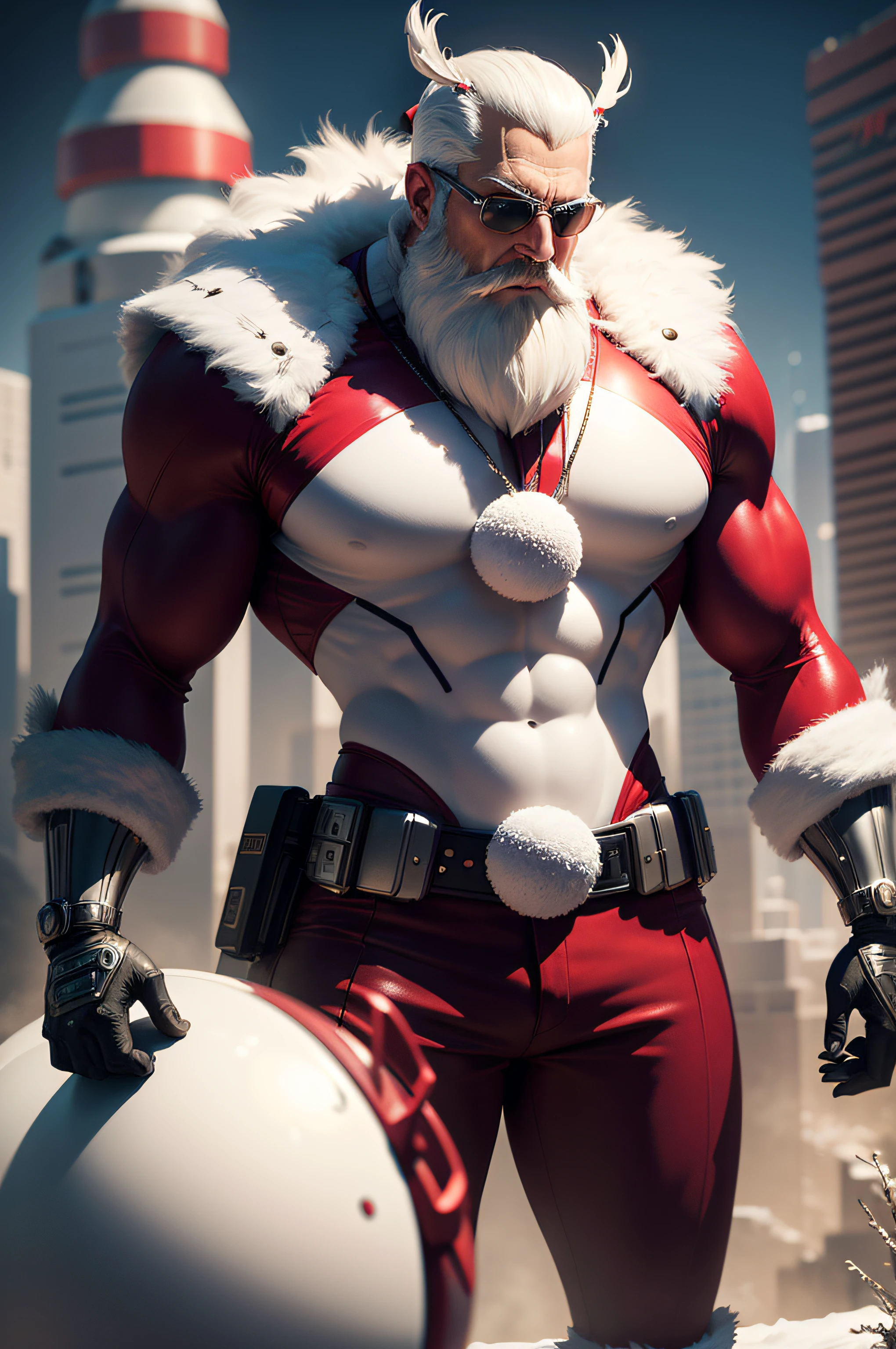 Muscular blue man with bald head and wearing Santa hat, blue skin, black beard, muscular, big ears, red pants, shirtless, photorealistic, realistic style, full hd --auto