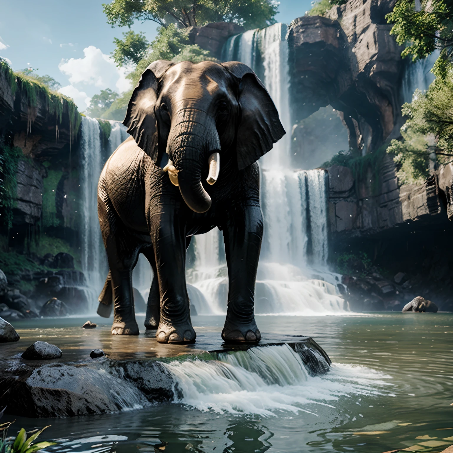 Generate a 3d Fantasy realistic elephant waterfall