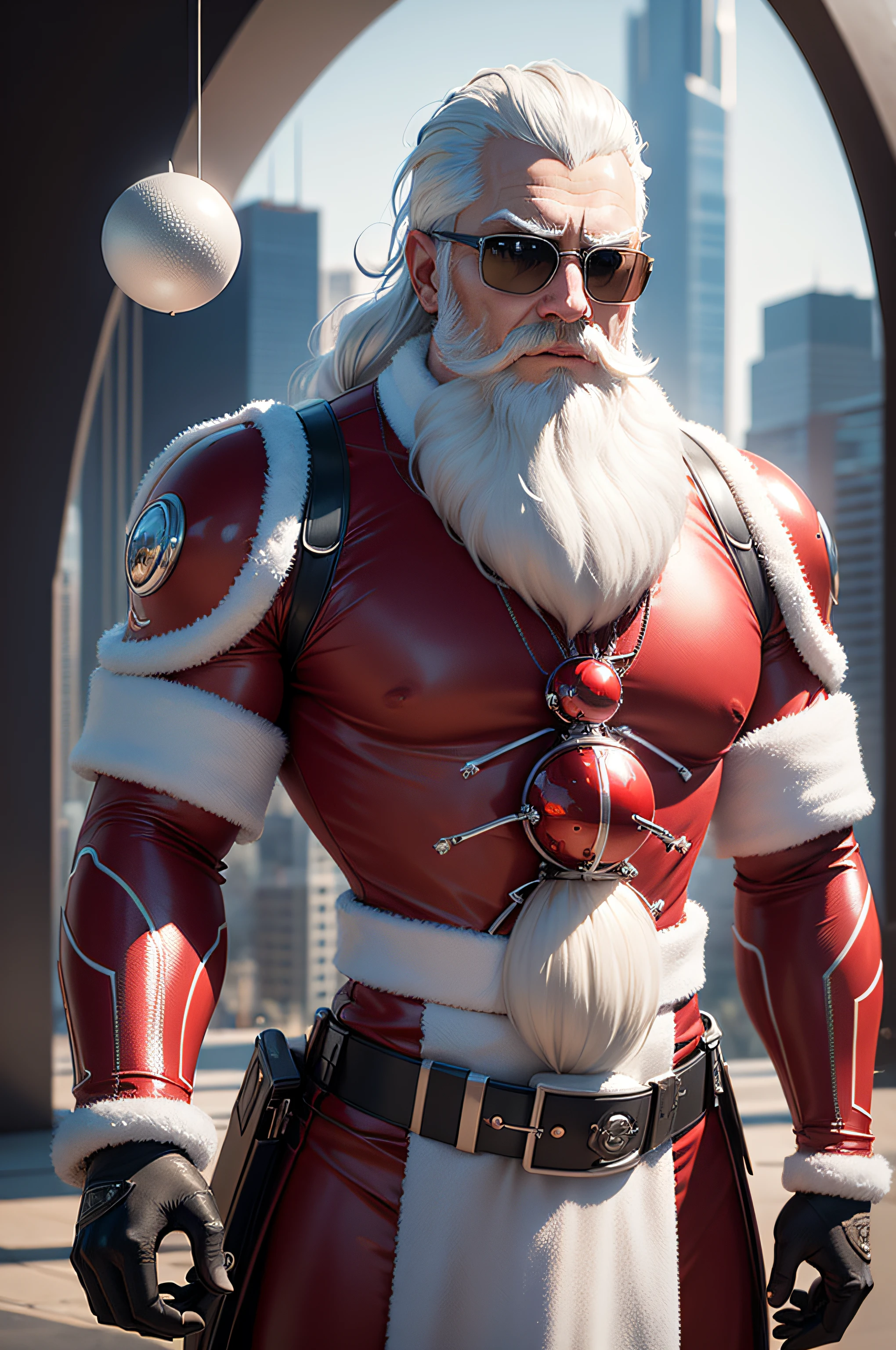 Incredible futuristic Santa Claus, by McKay, insanely detailed, humorous, hyper detailed, chrome, award winning, striking, thought provoking, futuristic fashion, futuristic technology, fun, well lit