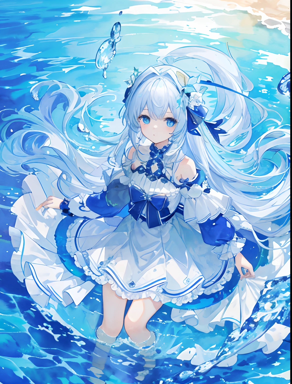 (ultra-detailed, high resolution, masterpiece) 1girl, cetus, coda, oceanodynamic angle, deep ocean, watercolor, sparkling highlights.