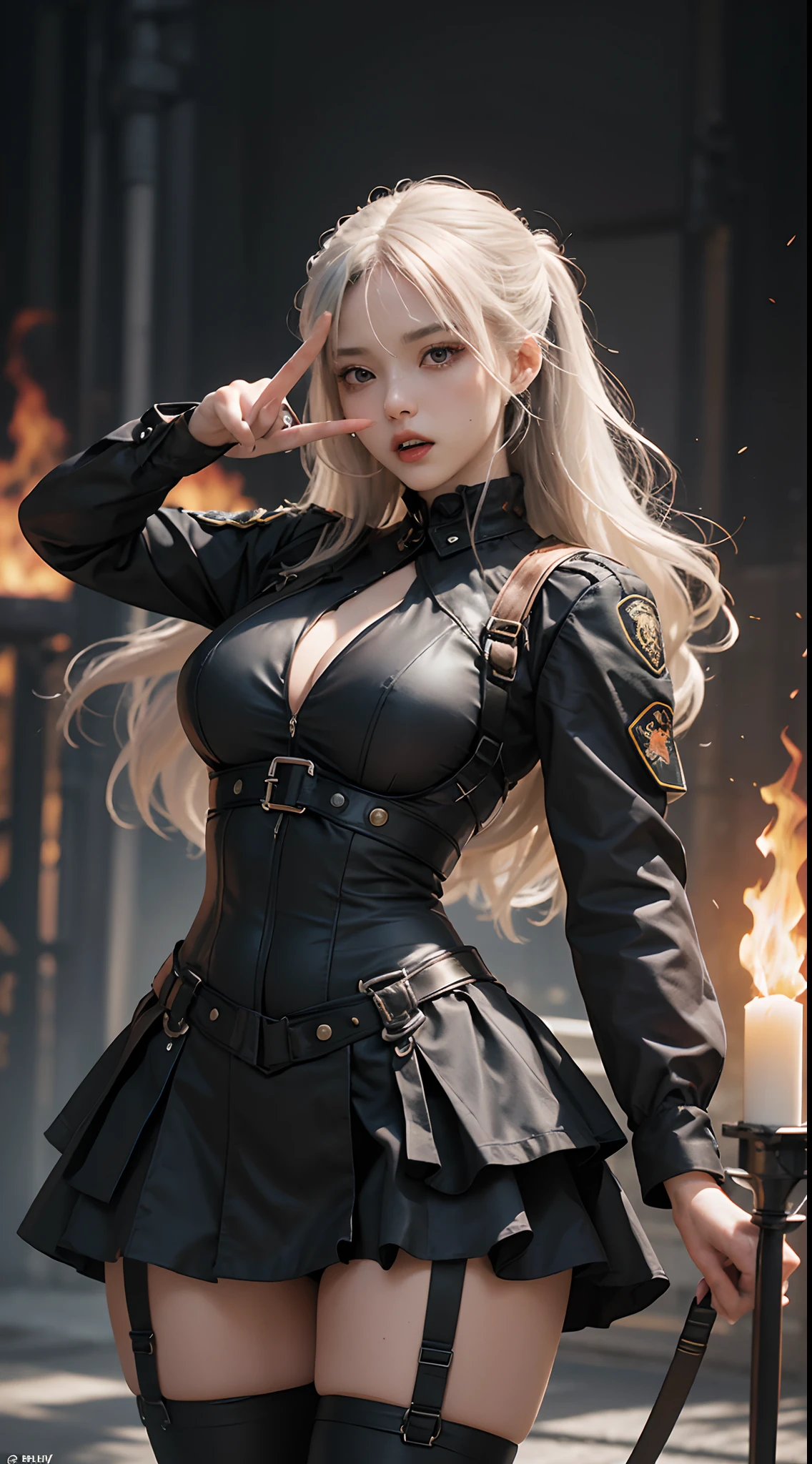 (Highest image quality, outstanding details, ultra-high resolution), 1 girl, suit((futuristic military outfit, inspired by goth style, gothic lolityle, military harness, military gears such as pouches)), (glamour body, curvy body, buffed and muscular body, tight abs), background(warfare background including explosion and flame), (open mouth and shout out for war cry, angry expression, aggressive expression, pointing to a direction, advancing forward, dynamic pose), white hair, cowboy shot, low angle,