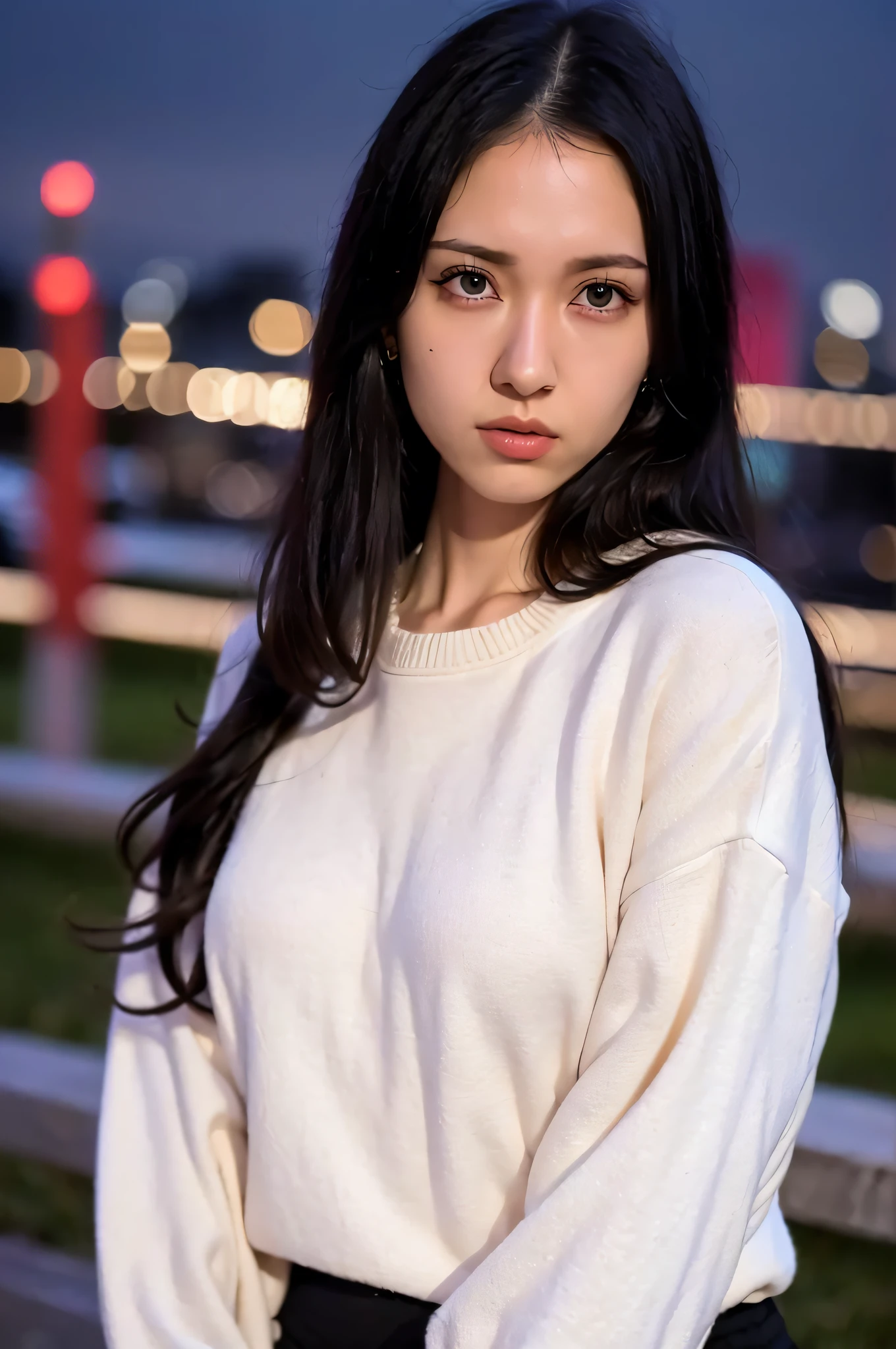 1girl,(wearing sweater and long jacket:1.2),(RAW photo, best quality), (realistic, photo-realistic:1.4), masterpiece, an extremely delicate and beautiful, extremely detailed, 2k wallpaper, Amazing, finely detail, extremely detailed CG unity 8k wallpaper, ultra-detailed, highres, soft light, beautiful detailed girl, extremely detailed eyes and face, beautiful detailed nose, beautiful detailed eyes,cinematic lighting,at a park,city lights at night,perfect anatomy,slender body,