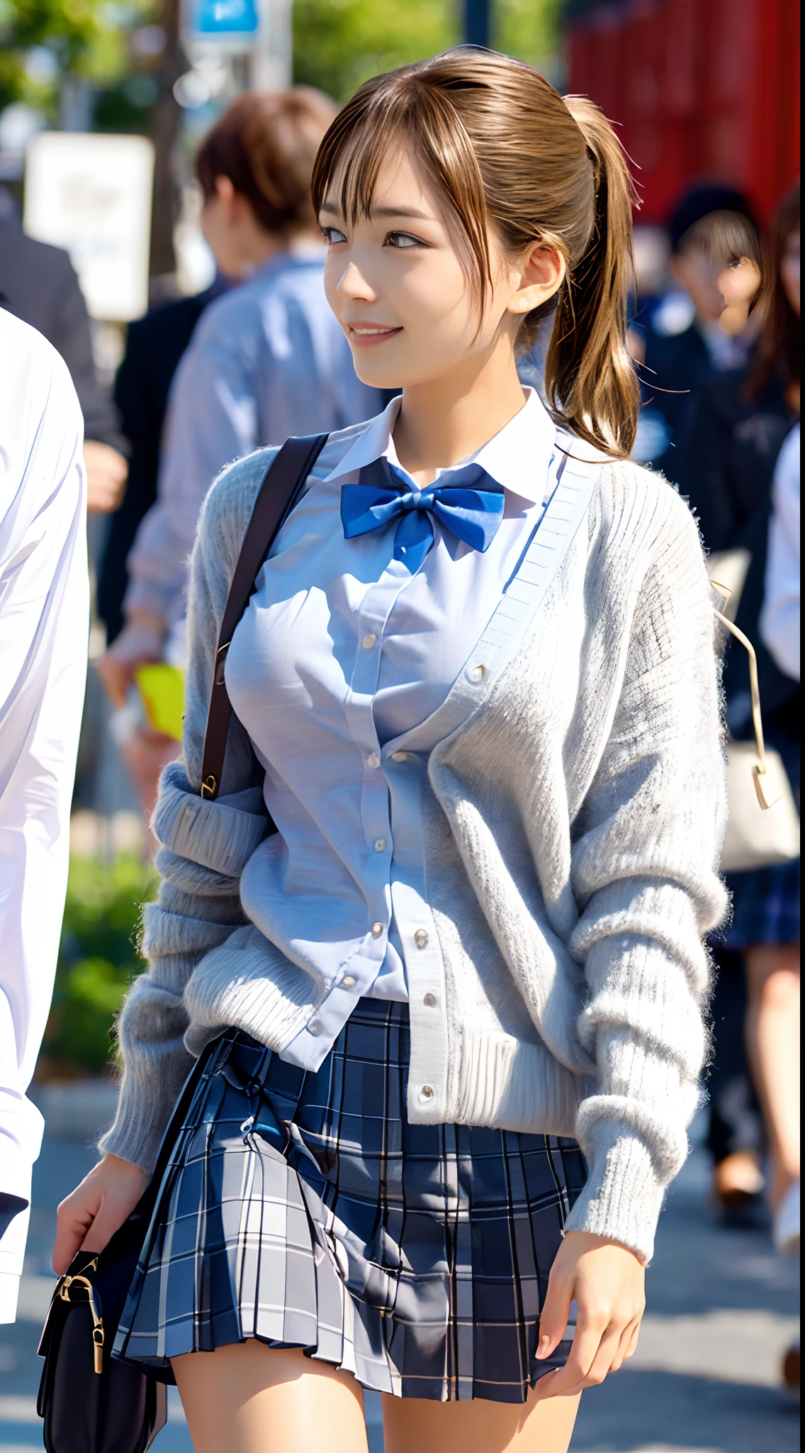(masutepiece:1.2, top-quality), (Realistic, Photorealistic:1.4), Beautiful illustration,
view the viewer, full body Esbian, Front view:0.6,
1 girl, Japanese, High School Girl, (semi long hair:1.5, High ponytail:1.2), blown hair, Bangs, hair between eye, Large breasts:0.8,
Beautiful hair, Beautiful face, Beautiful detailed eyes, Beautiful collarbone, Beautiful body, beautiful boob, beautiful thigh, Beautiful legs, Beautiful fingers,
(Beautiful scenery), , School,
((Collared shirt, White shirt, School uniform, Cardigan, Grey checked pleated skirt, Blue plaid bow tie)), White panties,
Standing, Walking,
Smile