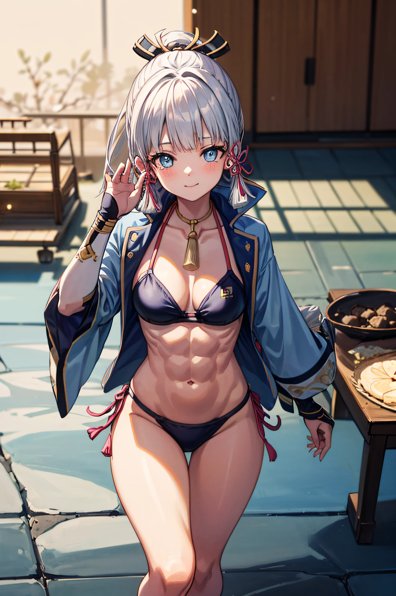 (((masterpiece))), 4k resolution, highly detailed, (((extremely detailed eyes))), detailed background, luminous lighting, crystal clear eyes, blue eyes, high quality, high resolution, ultra-detailed, 8k, best quality, (1girl), ground, shadow, backlight, light particles, thick filters, (((muscular thighs))), (masterpiece: 1.3), (best quality: 1.2), (super fine illustrations :1.2), (masterpiece), (masterpiece), high quality, high detail,(SOLO:1.4),((round image)), 1girl, (kamisato ayaka), smile, blush, closed mouth, thick , medium breasts, (((white hair))), traditional Japanese house, from above, (muscular belly), (((very short bikini))), standing, barefoot,