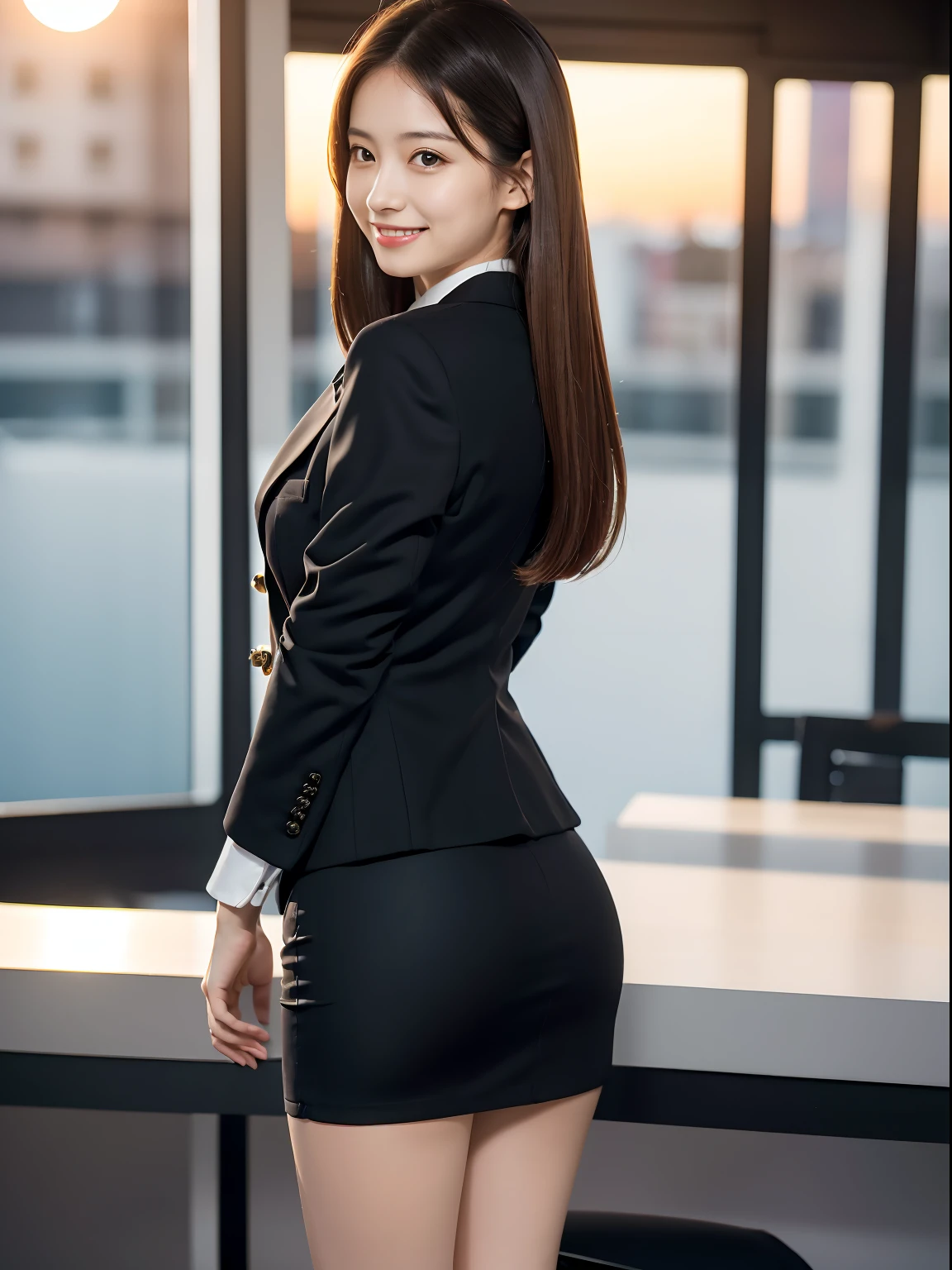 (masutepiece:1.3), (8K, Photorealistic, Raw photo, Best Quality: 1.4), Japanese, (1girl in), Beautiful face, (Realistic face), (Black hair), Beautiful hairstyle, Realistic eyes, Beautiful detailed eyes, (Realistic skin), Beautiful skin, Attractive, 超A high resolution, A hyper-realistic, Highly detailed, Golden ratio, (Full body:1.37), (Woman in pencil skirt and suit jacket with attention to detail:1.4), (Office Lady), professionattire, high-heels, (Happy smile:1.3), (long straight hair with a flowing shine,,,,,,,,,,,,,,,,,,,:1.3), BREAK, (huge-breasted, Big ass:1.3), Scenery, (Beautiful sunrise background:1.2), from behind, Backshots, Arched back, (arms behind back), Beautiful detailed eyes, Looking at Viewer, From below, (No makeup), (Cute), Photon mapping, (Professional Lighting), finely detail, () ), (skirt rift:1.1),