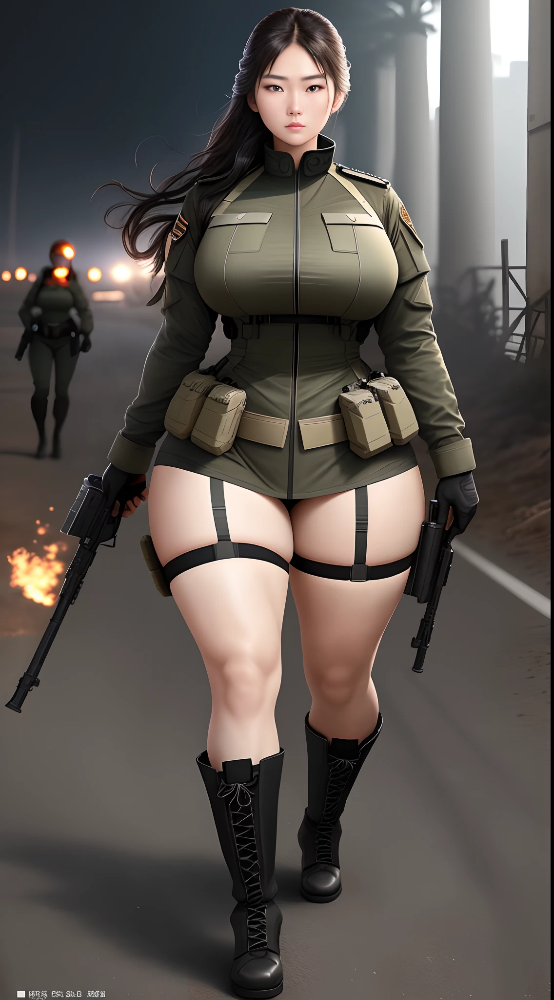 Sexy women in uniform wander the war zone,full body shot shot,She has an extremely tall, strong, plump and sexy figure,Oversized thick breasts,Thick breasts under long,Long slender waist,Pronounced abs,Extremely exaggerated huge thick buttocks,Huge big ass,Super long big thick legs,Extremely strong leg muscles,Wear a pair of combat boots,Contrast with high-intensity light and shadow,One faction(ultra-realistic realism),The results of the photos are relatively good。The theme highlights the difficult situation of women in uniform,Exhibits high resolution(High- sharpness)Ground textured skin,Presents a new visual experience,full body shot shot。