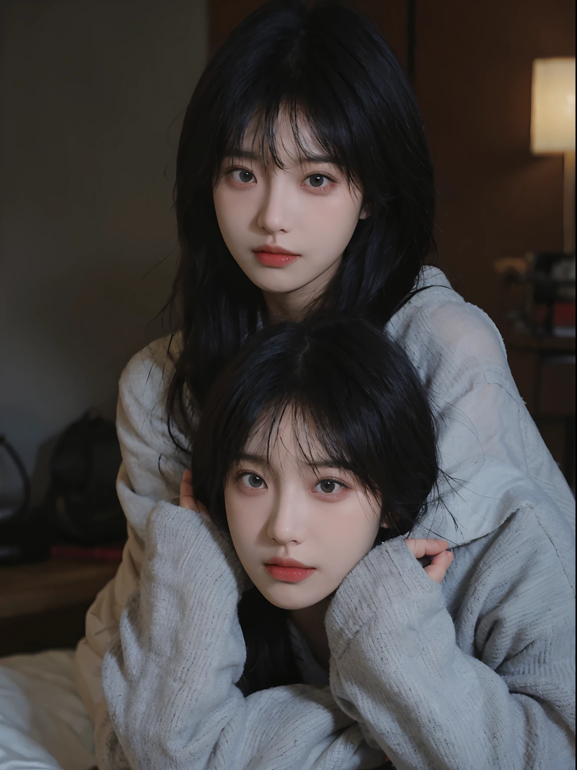 best qualtiy， 超高分辨率， （realisticlying：1.4）， A woman with long black hair and a gray sweater, 中景 the scene is, Blue hair，By bangs, young lovely Korean faces, wan adorable korean face, ulzzangs, Shin Jinying, beautiful aesthetic face, Korean face features, Played by Liu Lee Ji Eun ，Beautiful realistic face