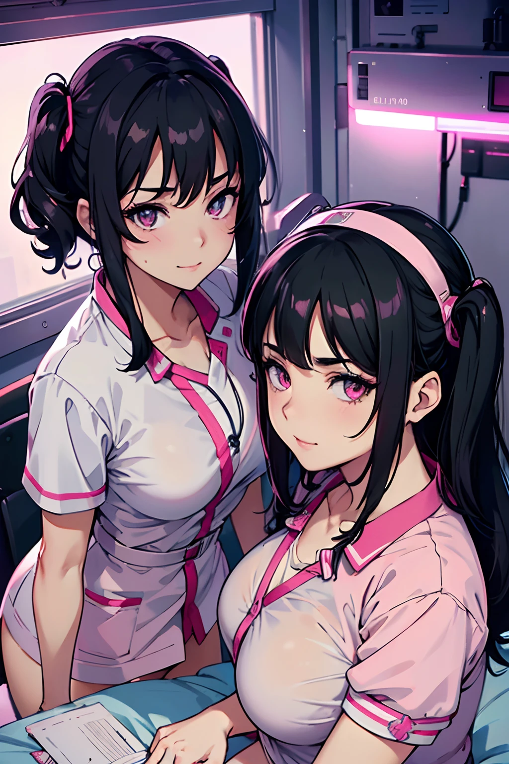 two beautiful nurses,, pink eyes, cheeky face expression, pov view, dominant aura, mean girls, bullying, (best quality,4k,8k,highres,masterpiece:1.2),ultra-detailed,(,photorealistic,photo-realistic:1.37), vivid colors, sharp focus, portraits, modern lighting, soft pastel tones, medical setting, revealing sexy nurse outfit, laughing, multiple nurses, black hair, two characters, two girls sitting on hospital bed together looking towards camera, dominant vibe, smirking at camera in a condescending way