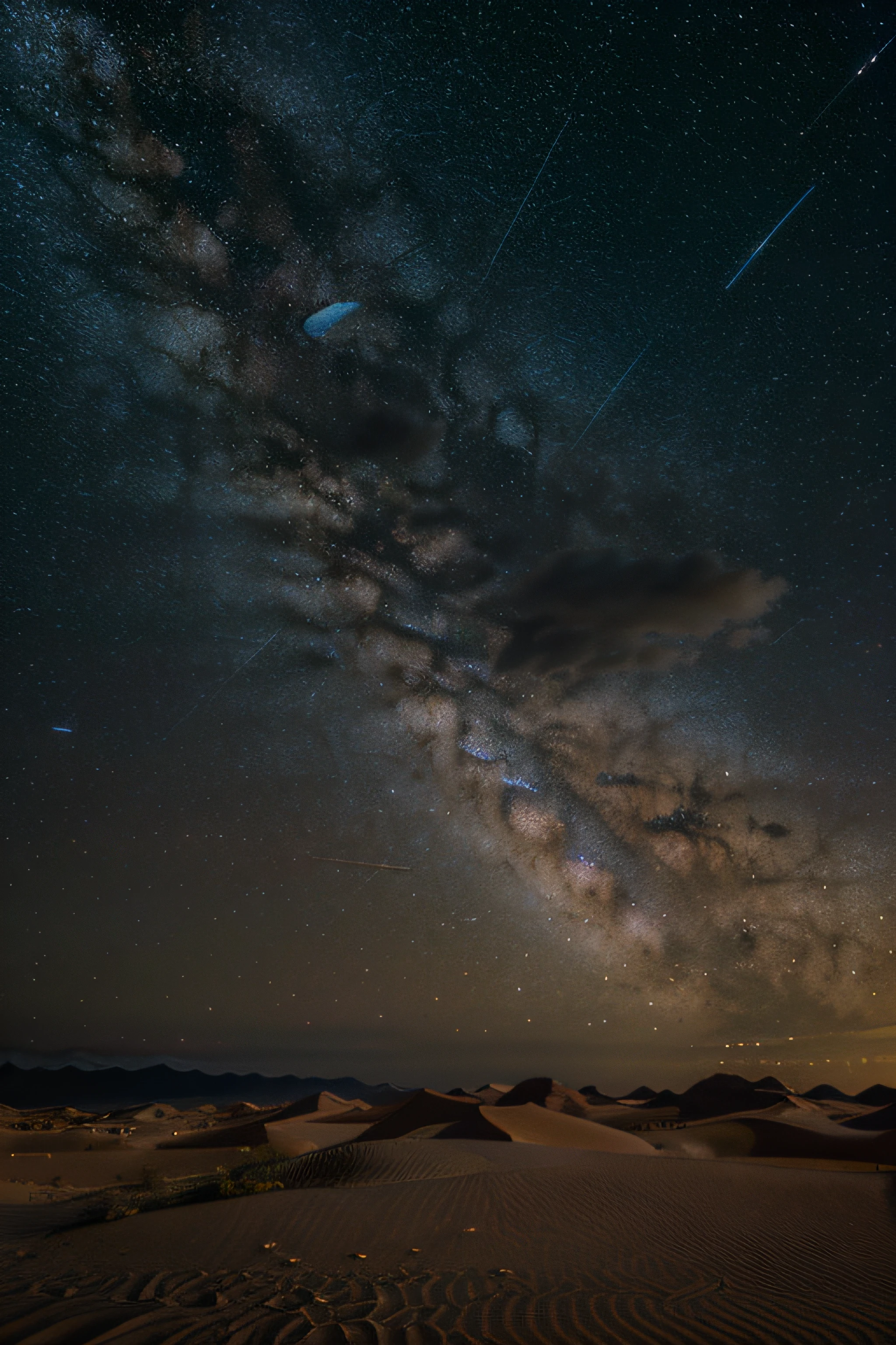 Desert Dunes under the Milky Way: The vastness of a desert with rolling sand dunes under a clear night sky, where the Milky Way is vividly stretched above.
