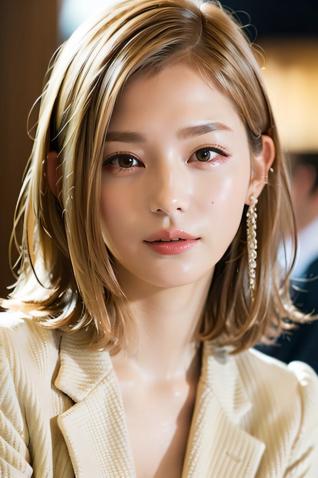 a photo of girl、shorth hair、blonde hair、suits、 top-quality、realisitic、Photorealsitic、(intricate detailes:1.2)、(delicate detail)、(ciinematic light、best quality backlight)、Clear Line、foco nítido、Lifelike face、Detailed faces Unity 8K wallpapers、超A high resolution、(Photorealsitic:1.4)、looking at the viewers、
